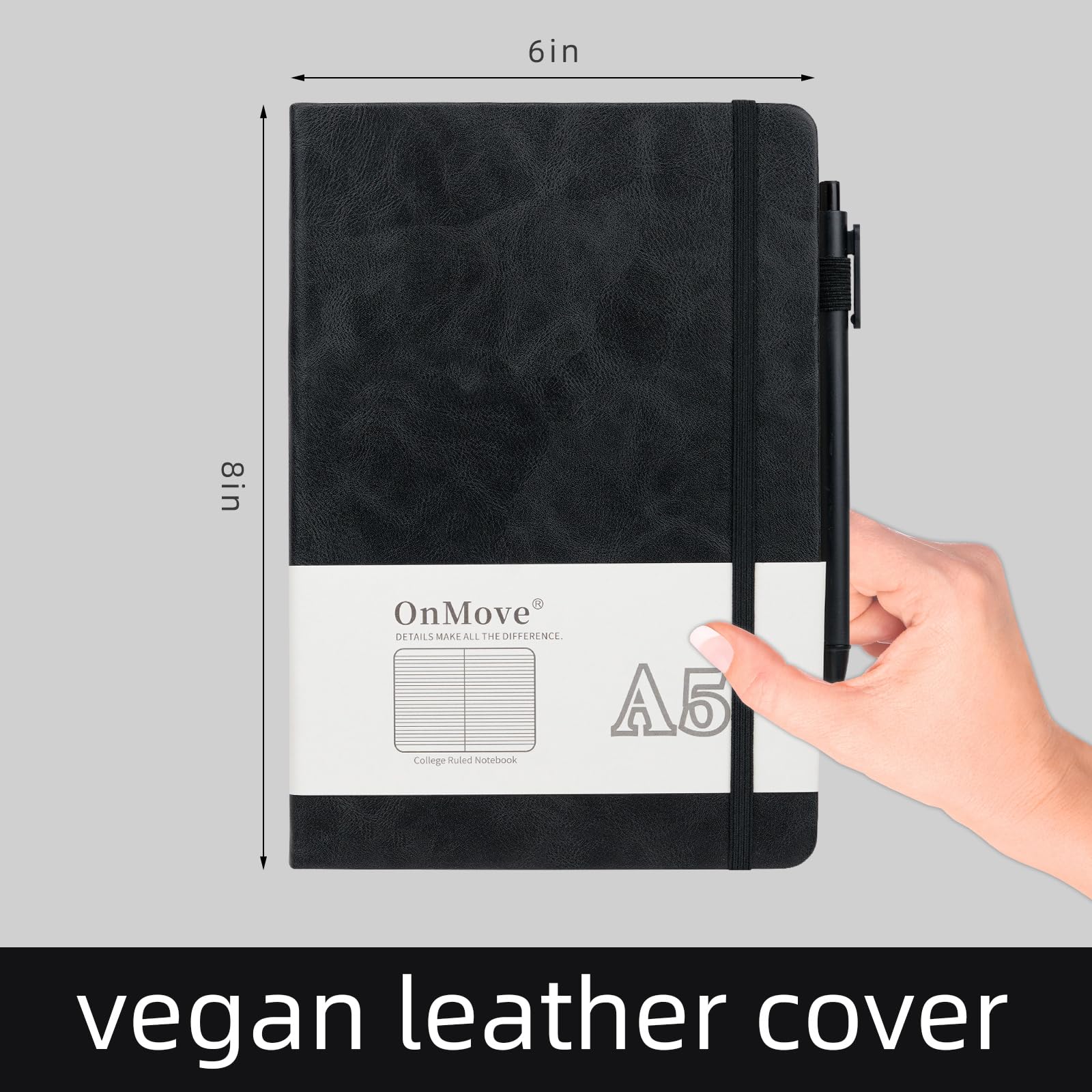 OnMove Notizbücher für Damen und Herren, 24 Stück, Leder, Hardcover mit Stifthalter, A5, 160 Seiten, 100 g/m² dickes Papier, für Arbeit, Schule, liniert, Schwarz