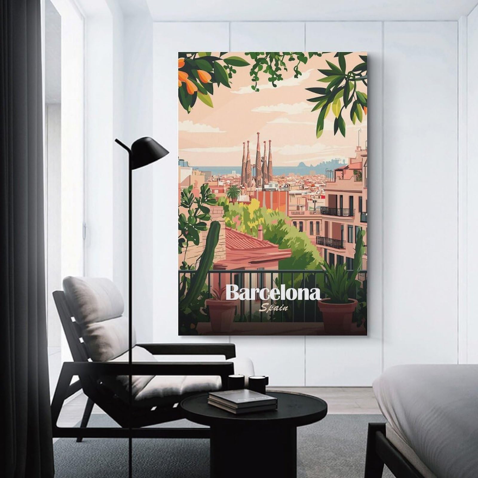 Junmoney Barcelona Spain Cityscape Illustration Canvas Wall Decor 20x30inch(50x75cm), for Feature Walls in Flats Or Modern Rooms, Decorative Artwork with Flexible Styling