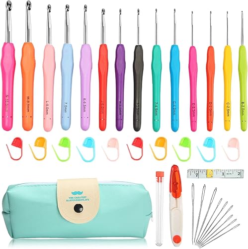 SEKIU Juego de ganchos de ganchillo, agujas de ganchillo ergonómicas de 14 tamaños (0.079 a 0.394 pulgadas) con estuche de almacenamiento, ganchos