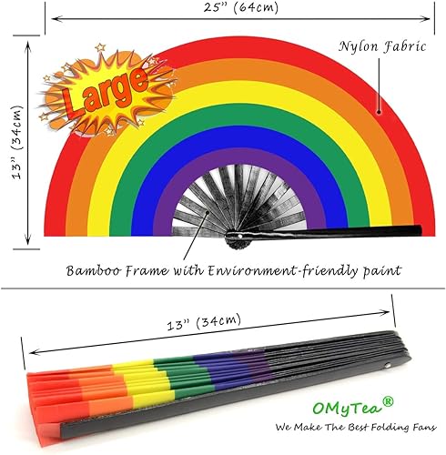 Miniatura 5 de OMyTea Pride Rainbow Fan - Ventilador de mano plegable grande para hombres y mujeres, para EDM, festival de música, club, evento, fiesta, baile,