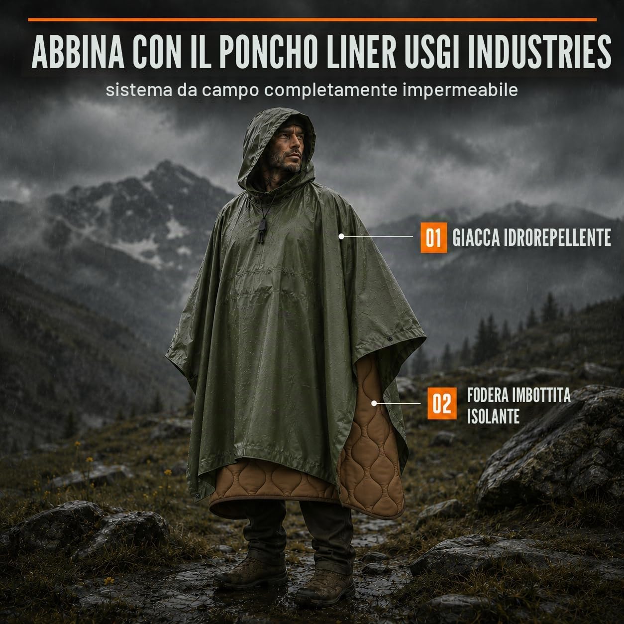 USGI Industries, Poncho antipioggia mimetico antistrappo multiuso stile militare
