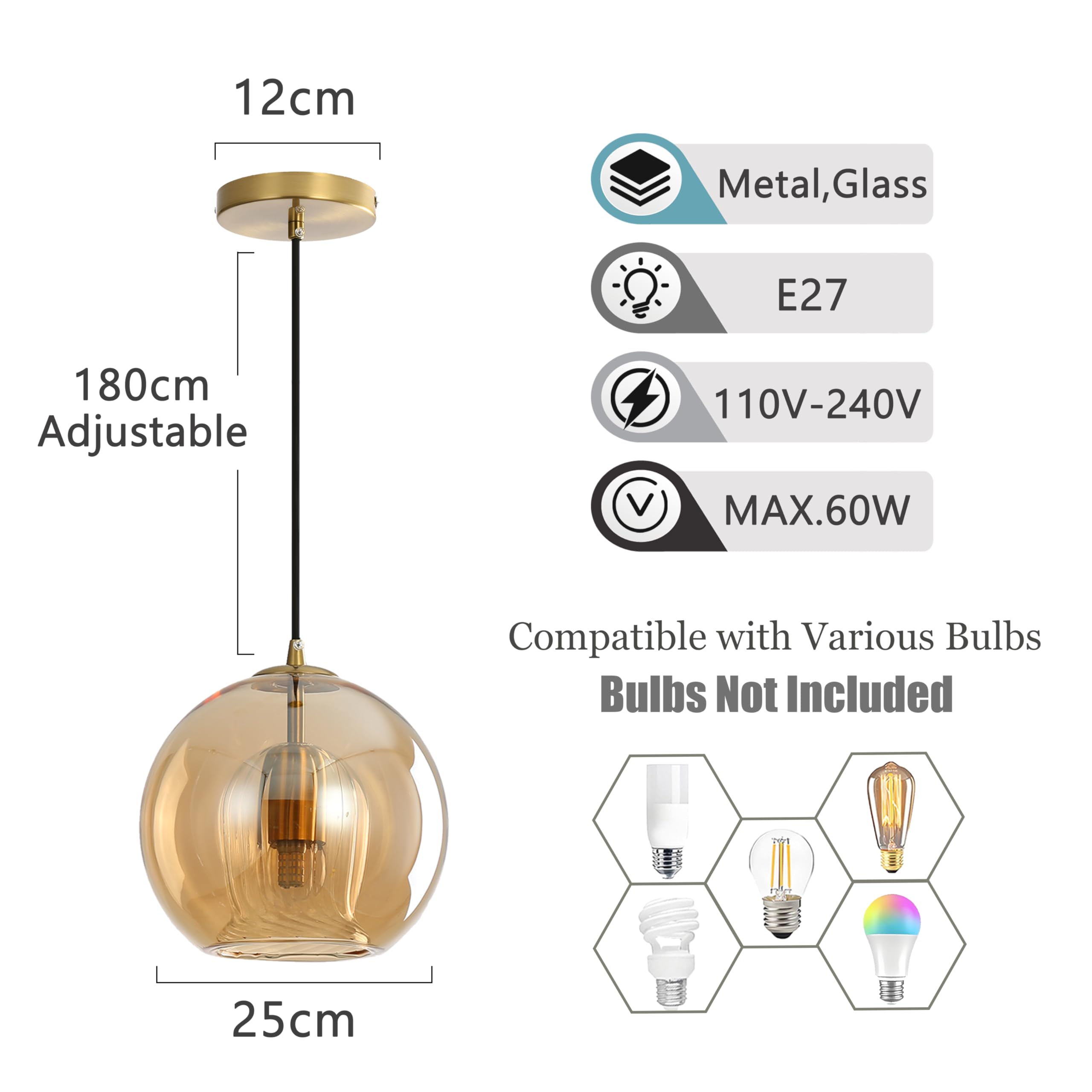Lampadario a Globo in Vetro Moderno e Base Dorata, E27 Lampada a Sospensione Regolabile, Industrial Lampada da Soffitto per Isole Cucina, Soggiorni, Camere da Letto (Ambra, 25CM)