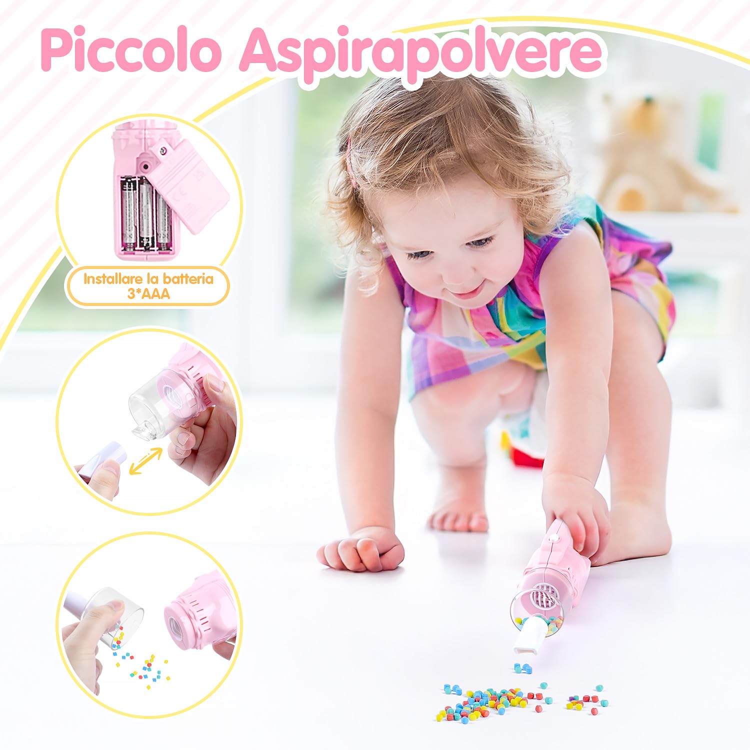 PLAY 2 in 1 Aspirapolvere Giocattolo Bambini, Aspirapolvere Funzionante con Particelle EVA, Effetto di Aspirazione e Suono Realistico, Set Pulizia Giocattolo per Bambini 3+ Anni (Rosa)