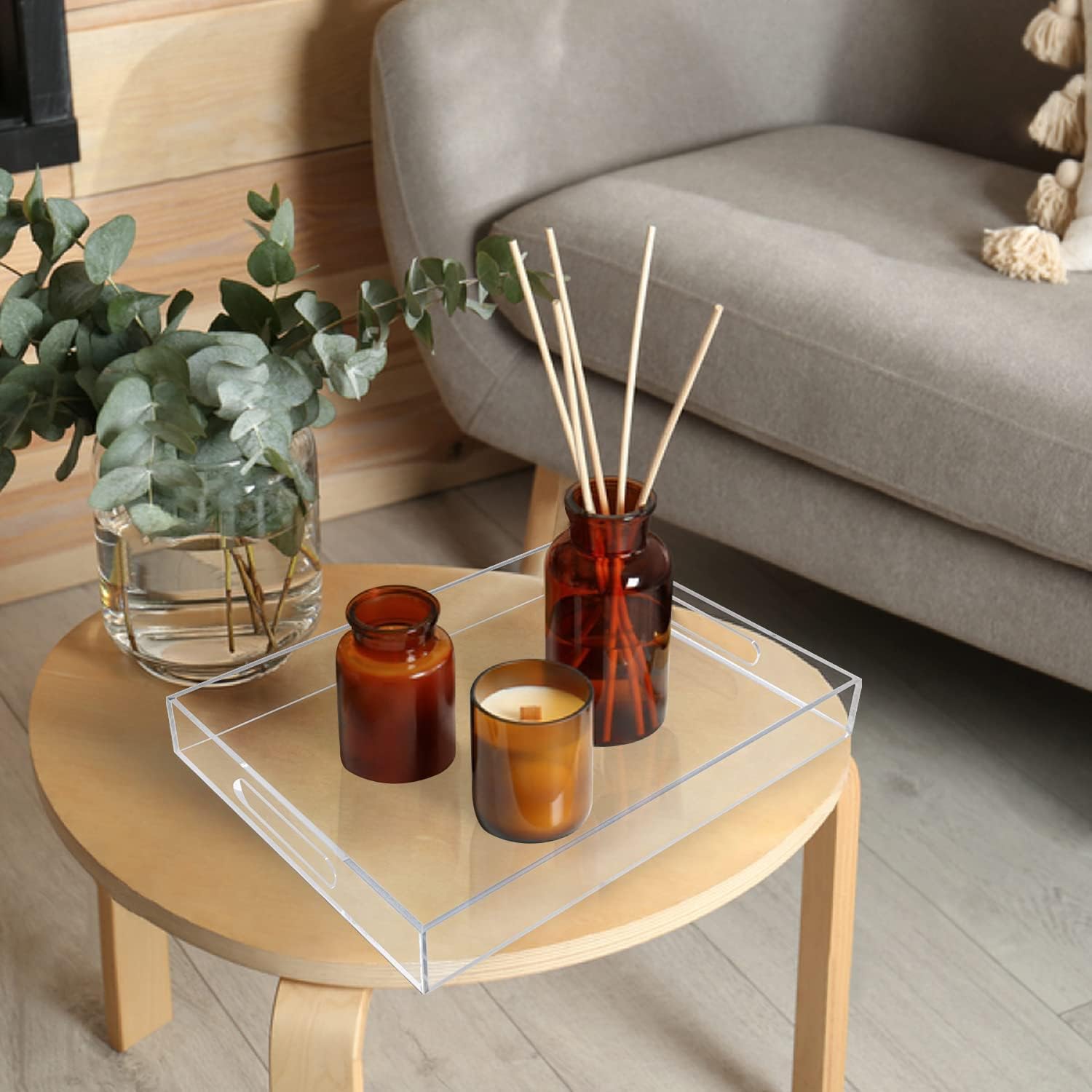 Lote de 2 Bandejas de Servicio de Acrílico Transparente Con Asas - Plástico Para Cocina, Comida, Organizador de Mesa, Joyas, Llaves, Baño y Cosmética