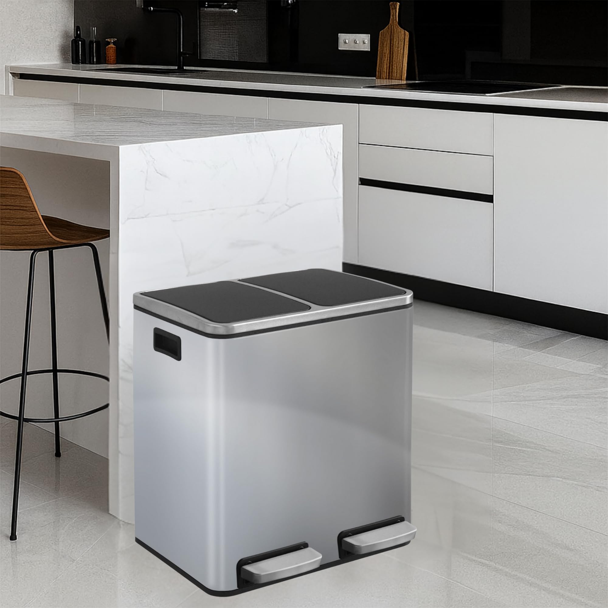 KARAT Mülleimer Küche 2×30L Edelstahl | 2-Fach Mülltrennsystem, Treteimer Küche, Metall, Soft-Close, luftdicht, Kunststoff-Inneneimer, Klappdeckel – (Felix)