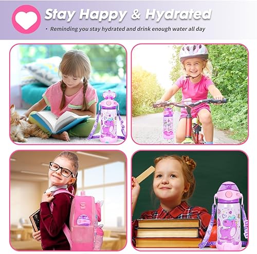 Miniatura 6 de Botella de agua para niños con popote, para la escuela, niños y niñas, botella de agua potable de 22 onzas sin BPA, apertura de un solo clic, tapa
