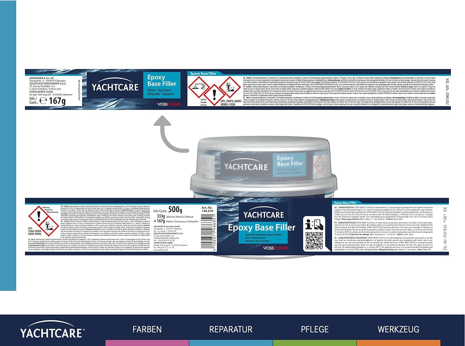 Yachtcare Base Filler Epoxyspachtel, gris clair, 500g - Mastic époxyde universel pour bateaux et yachts sous forte charge d'eau