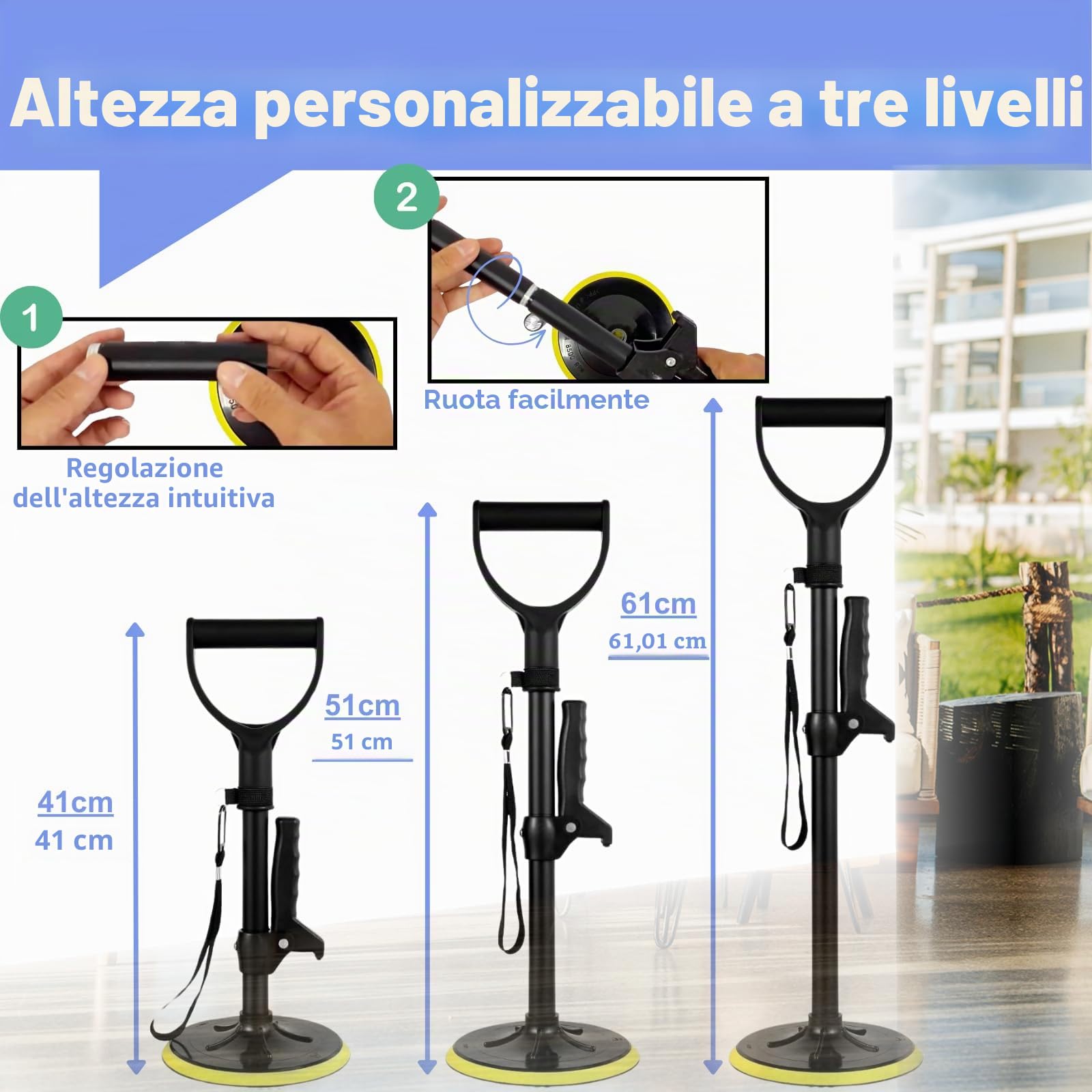Supporto regolabile in altezza e rialzo per la mobilità (41-61 cm) – Dispositivo di assistenza per anziani con base antiscivolo, aiuta anziani e disabili a stare in piedi, camminare in