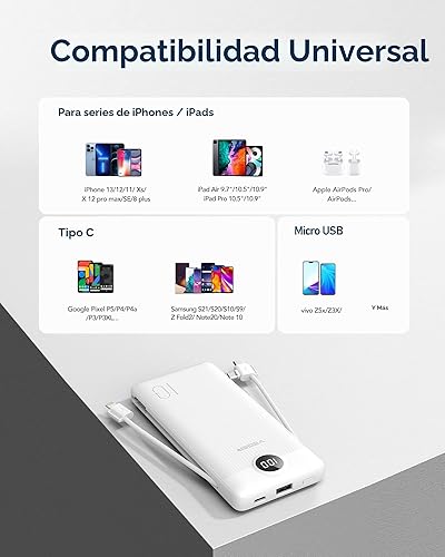 Miniatura 6 de VEGER - Cargador portátil de iPhone, cables integrados, carga rápida USB C, batería externa delgada de 10,000 mAh, enchufe de pared y USB para b