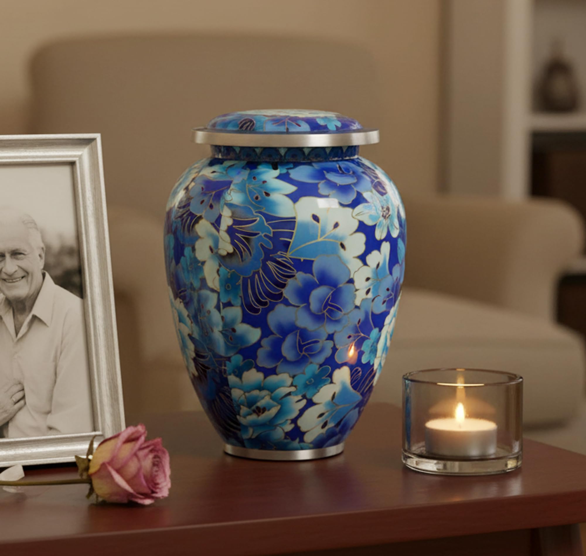 eSplanade Urna de cremación conmemorativa para cenizas humanas | Urnas funerarias de entierro | Floral azul - 10 pulgadas (tamaño completo)