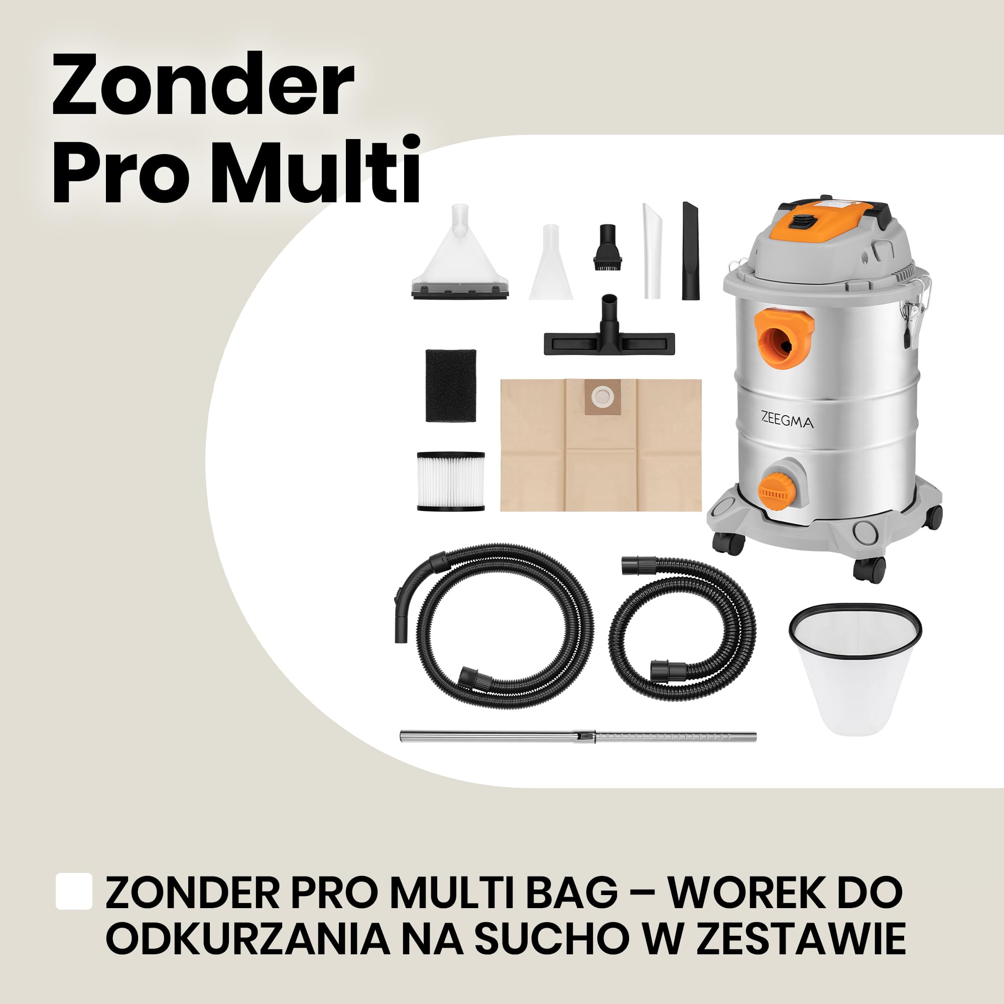 ZEEGMA ZONDER PRO MULTI Odkurzacz do Pracy na Sucho i Mokro, Odkurzacz Przemysłowy 1600W do Popiołu, Pojemnik 25 L, Zestaw Filtrów, Ssawka do prania Tapicerki Funkcja Nadmuchu (1600W 25L)