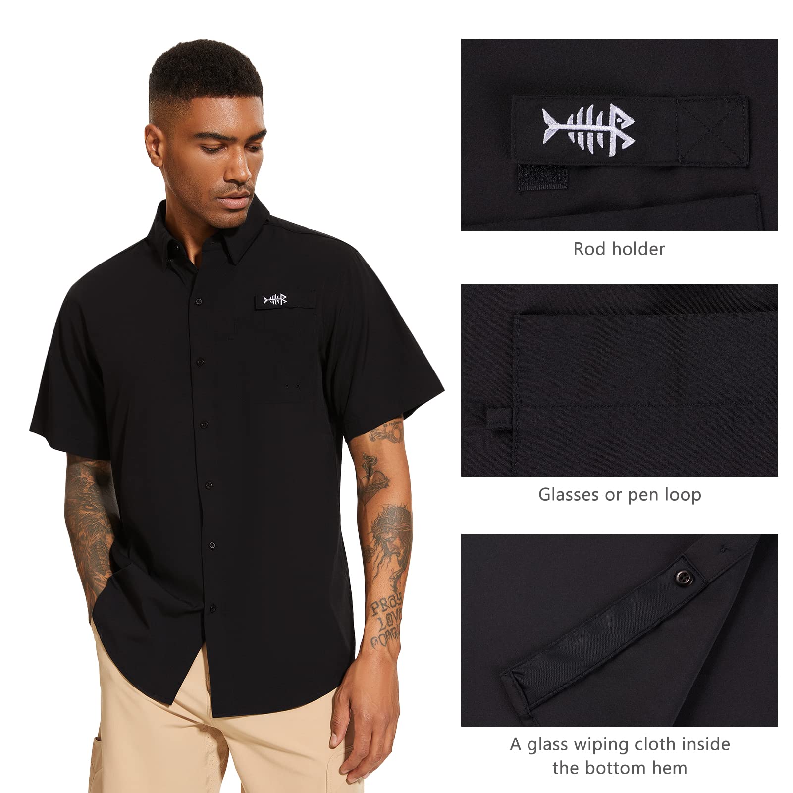 Bassdash Herren Angelhemd Sommer Freizeithemd Hawaiihemd UPF 50+ Kurzarm Button Down Blumen für Outdoor-Wandern und Camping