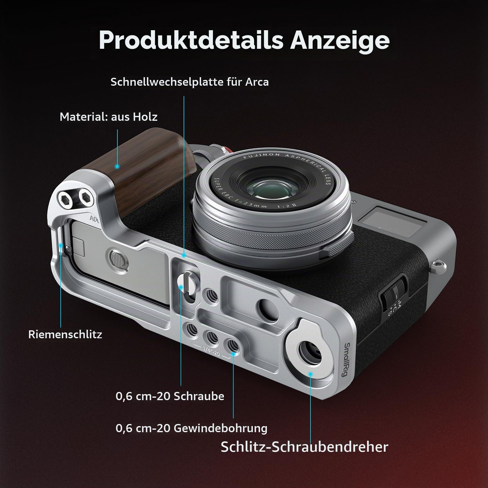 SMALLRIG X100VI / X100V-Handgriff, L-förmiger Holzgriff für Fujifilm X100VI / X100V-Kamera, integrierte Schnellwechselplatte für Arca, mit Auslöser und Blitzschuhabdeckung, Silber – 4804