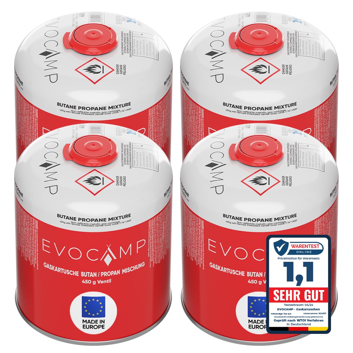 EVOCAMP 4x Propan Butan Gaskartuschen 450g einsetzbar für Weber Grills Q100/1000-Serien, Schraubkartusche Eurogewinde 7/16", Ventilkartusche 809ml mit Sicherheits-Verschlussautomatik