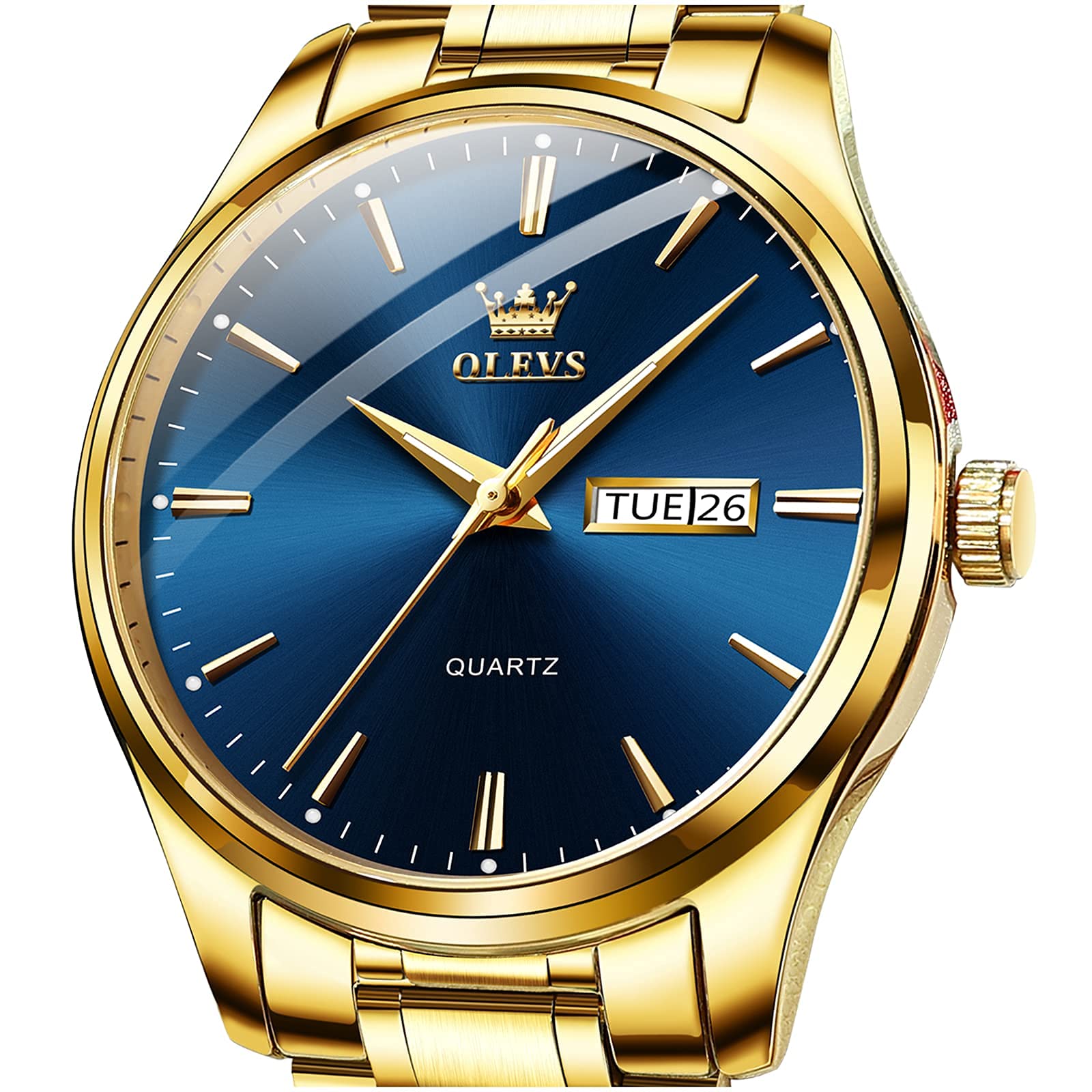 OLEVS Gold Men's Watches - Stainless Steel, Quartz, Waterproof, Day & Date, Blue Dial Dress Watches