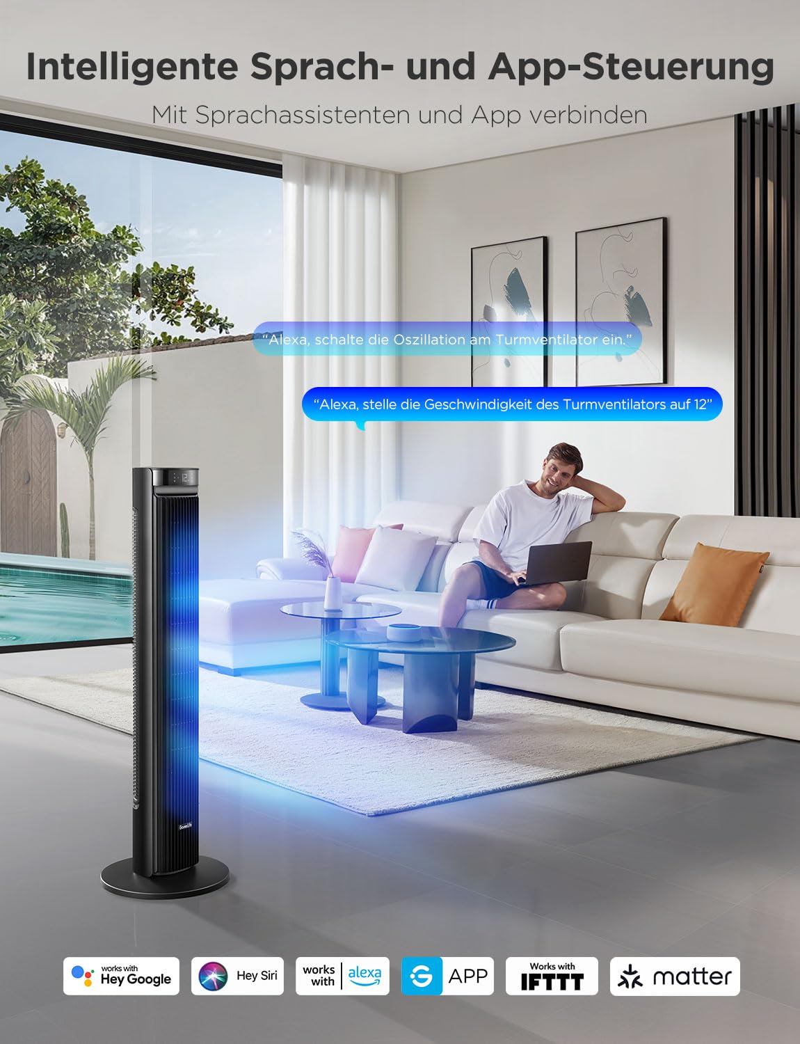 Ventilatore silenzioso GoveeLife, 12 velocità fino a 8 m/s, 5 modalità, timer 24 ore, ventilatore a torre intelligente con oscillazione 150°, app e controllo vocale per la casa, c
