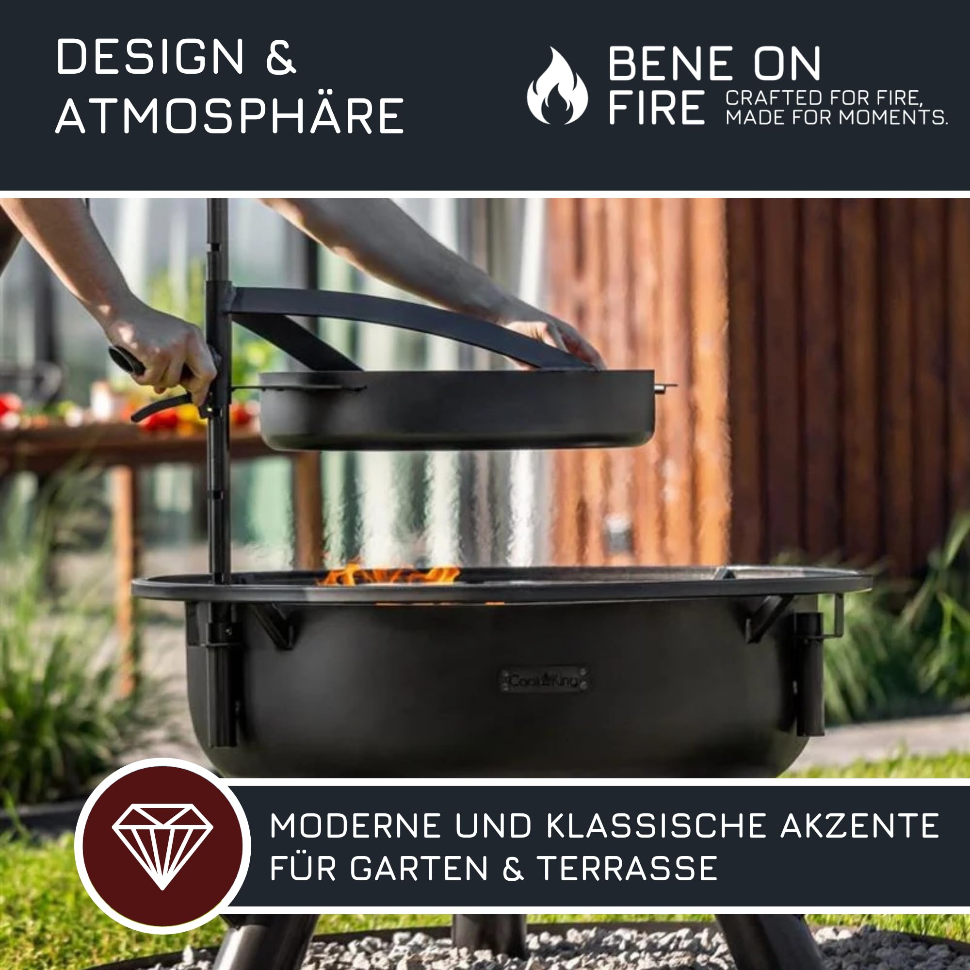 BENE ON FIRE Feuerschalen Grillpfanne Ø 50 cm mit Griff | Stahlpfanne schwarz 6,2 kg hitzebeständig stabil | zum Braten Rösten über offenem Feuer | Zubehör Feuerschalen Arizona Washington