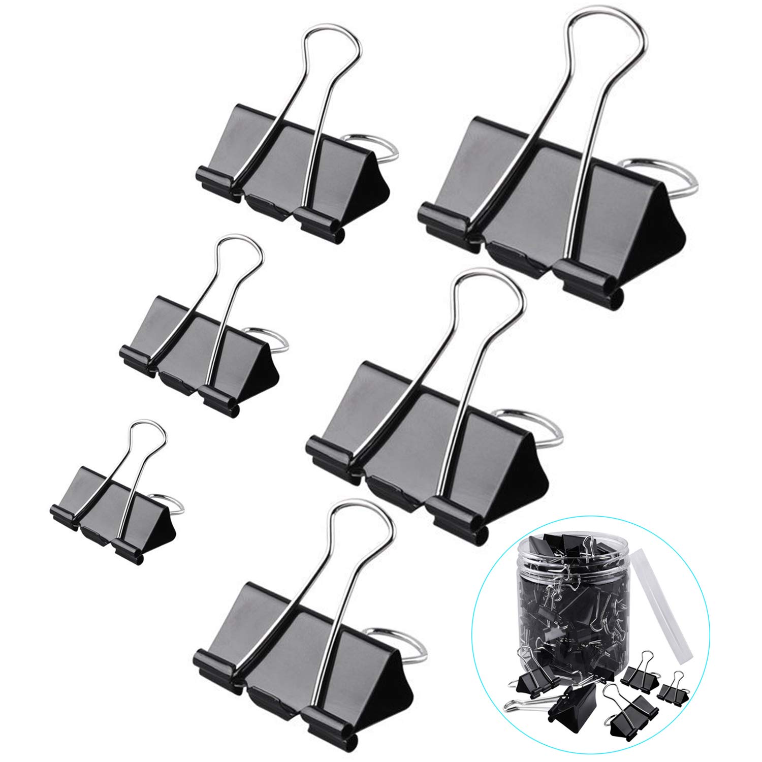 ExcelFu 130 Pcs Binder Clips Paper Clamp Clips Paper Binder Assorted 6 Sizes, Black