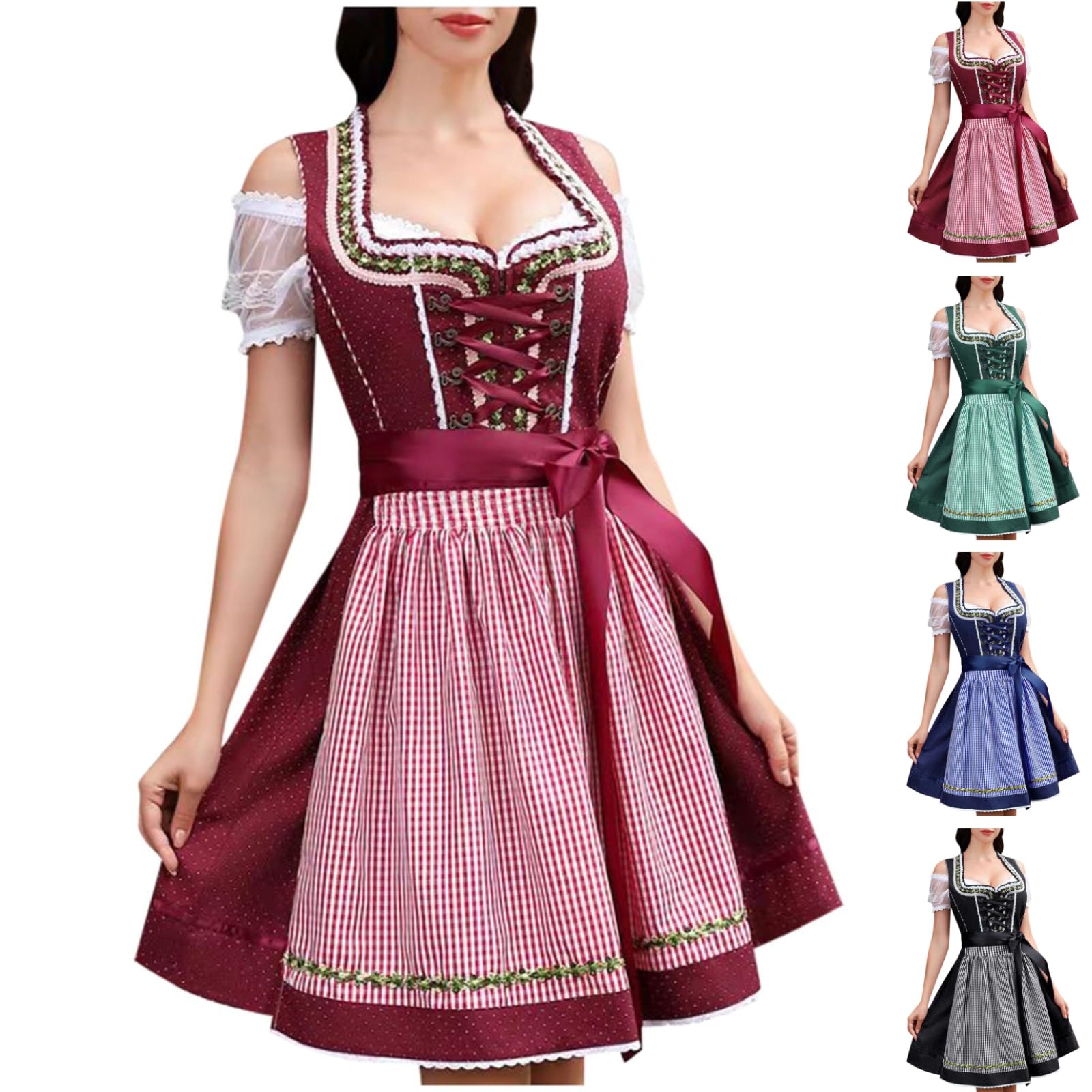 Generisch Women's Dirndl Carnival Oktoberfest Red White Stripes Smock with Apron Blouse Bow Comfortable Party Wear Festive Dress Sexy Carnival Costumes Multicoloured S-3XL, red, S