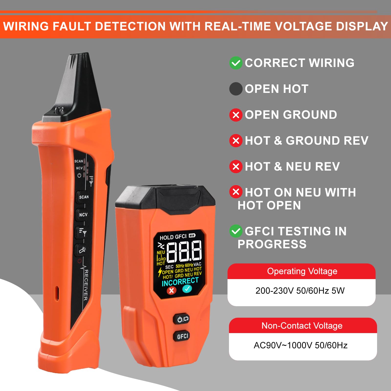 Leitungssucher mit großem LCD-Display, wiederaufladbarer Stromkreissucher mit GFCI-Steckdosentester, elektrischer Leitungssucher mit NCV-Test & Taschenlampe