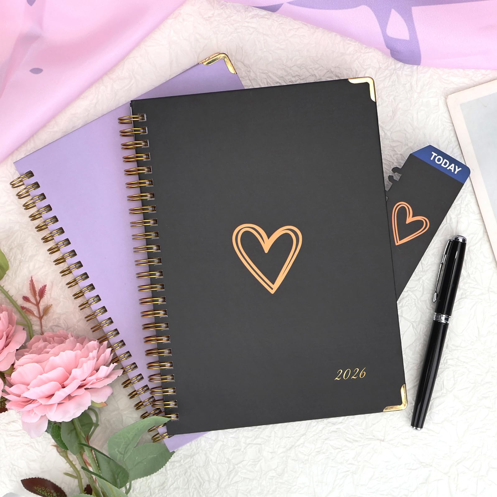 Knagsfa 2026 Planner, Jan.2026 - Dec.2026 Weekly Monthly Planner 6.25"x8.5" with Page Tabs, Calendar Hardcover with Inner Pocket, Elastic Band, Twin-Wire Binding, Bookmark, Black Love Heart - Image 2