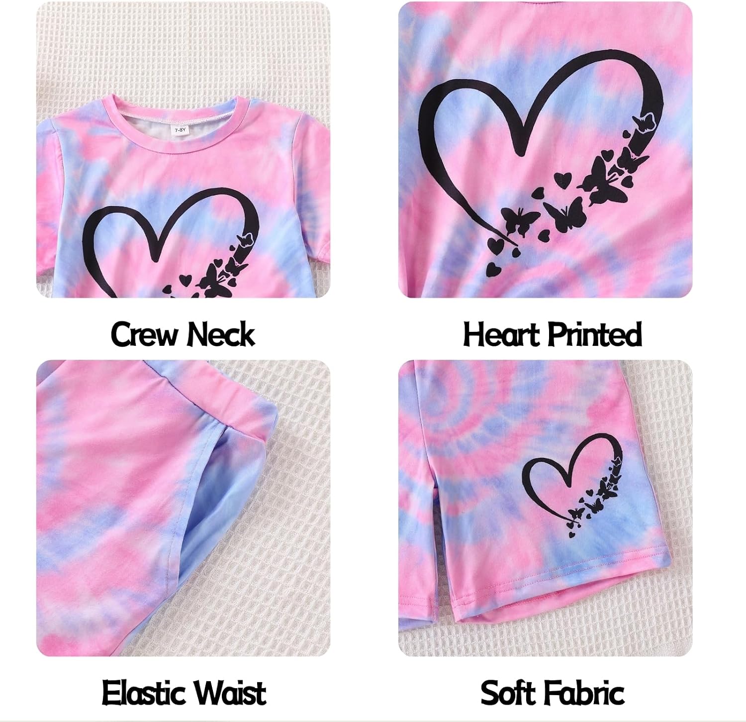 7-14Y Tween Girl Clothes 2 Piece Short Sleeve Tie Dye Heart Print Top and Shorts Teen Girl Summer Outfits Short Set