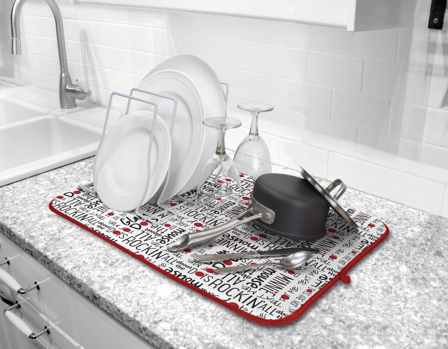 Disney Kitchen Dish Drying Mat- Ultra Absorbent Reversible Microfiber Drying Mat- Soft Surface for Air Drying Dinnerware, Delicate Crystal and Stemware, Pots, Pans 16 x 18 inches, Minnie Glam Dots
