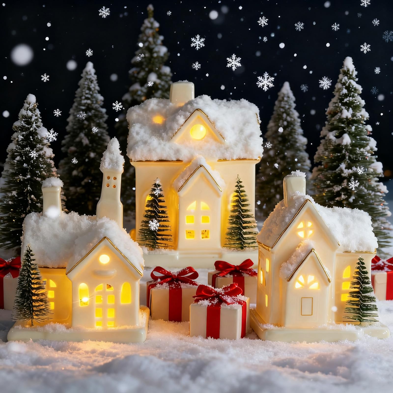 Maisons de Noël lumineuses en céramique blanche pour sublimer vos soirées d'hiver
