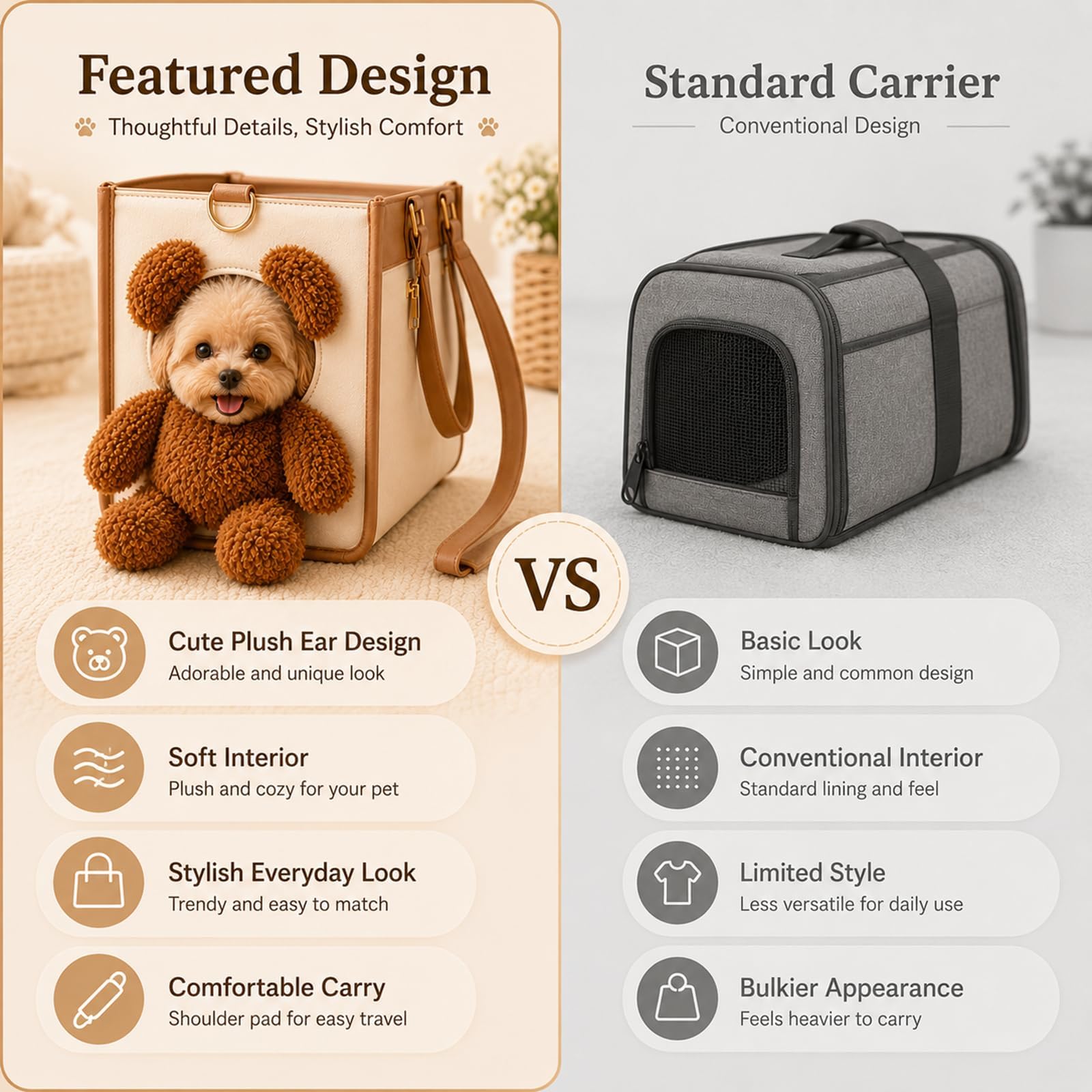 Hundetragetasche Welpen, Katzentransporttasche, Hundetasche Hunde Tragetasche für Kleine Hunde Katzen, PU, Pet Travel Bag mit Schultergurt, Große Kapazität (S)