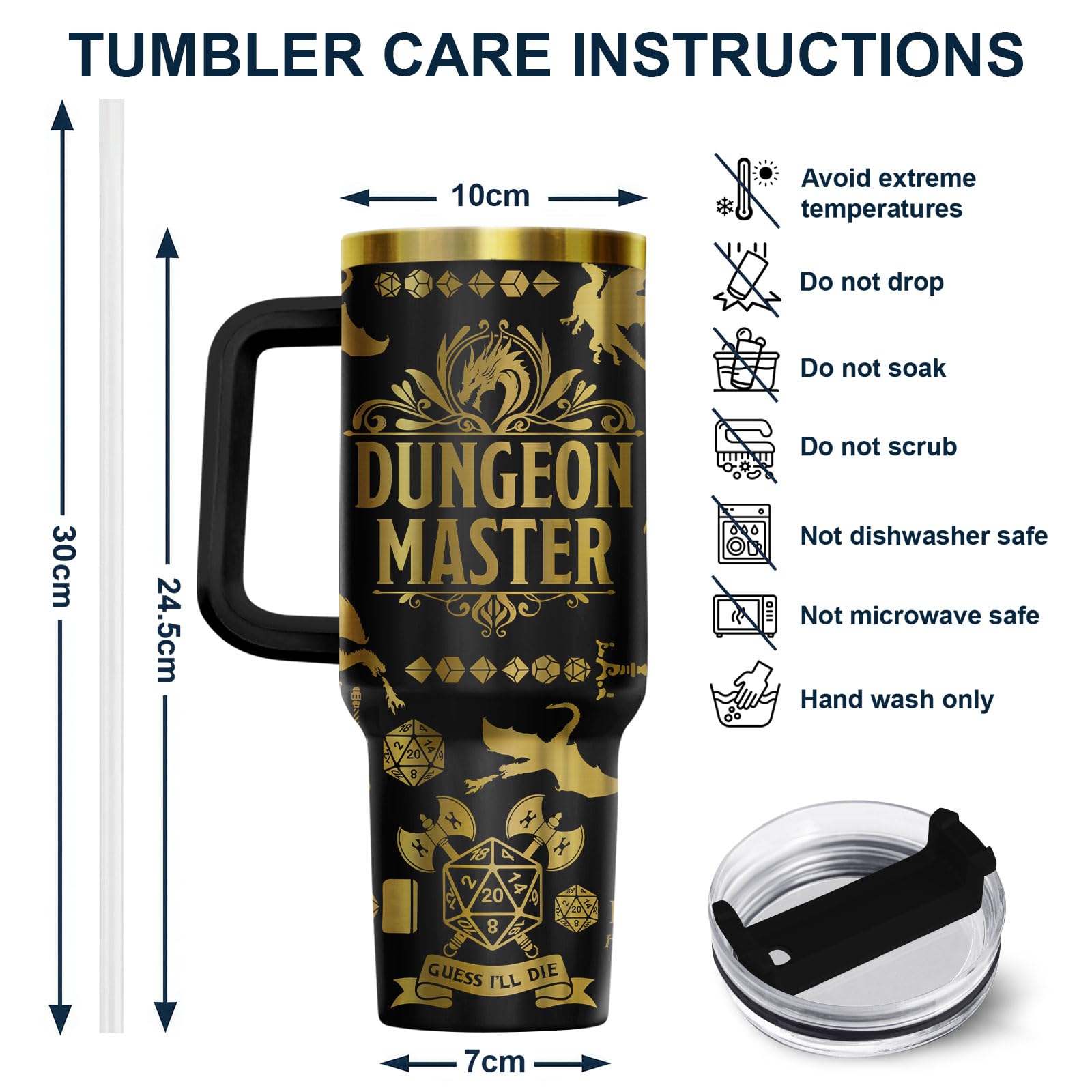34HD Dungeon Dice Game Tumbler 40oz with Handle and Straw, Master Dragon Laser Engraved Insulated Travel Coffee Cup - Funny Birthday Gifts for Gamers, Friends & BFF