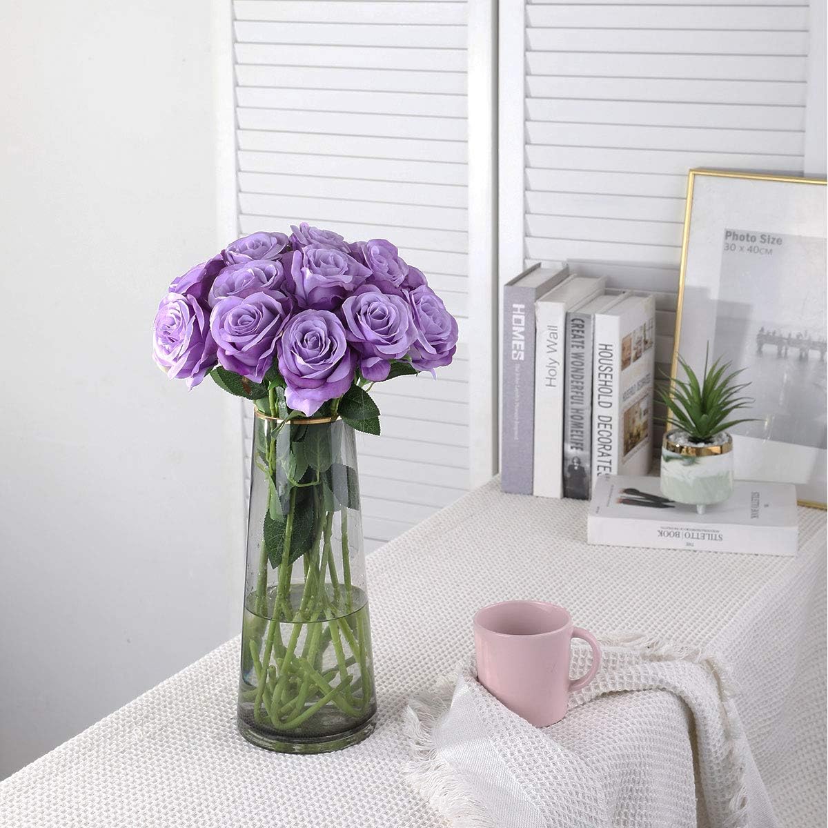 Nubry Artificial Silk Rose Flower Bouquet Lifelike Fake Rose for Wedding Home Party Decoration Event Gift 10pcs (Light Purple) - Image 2