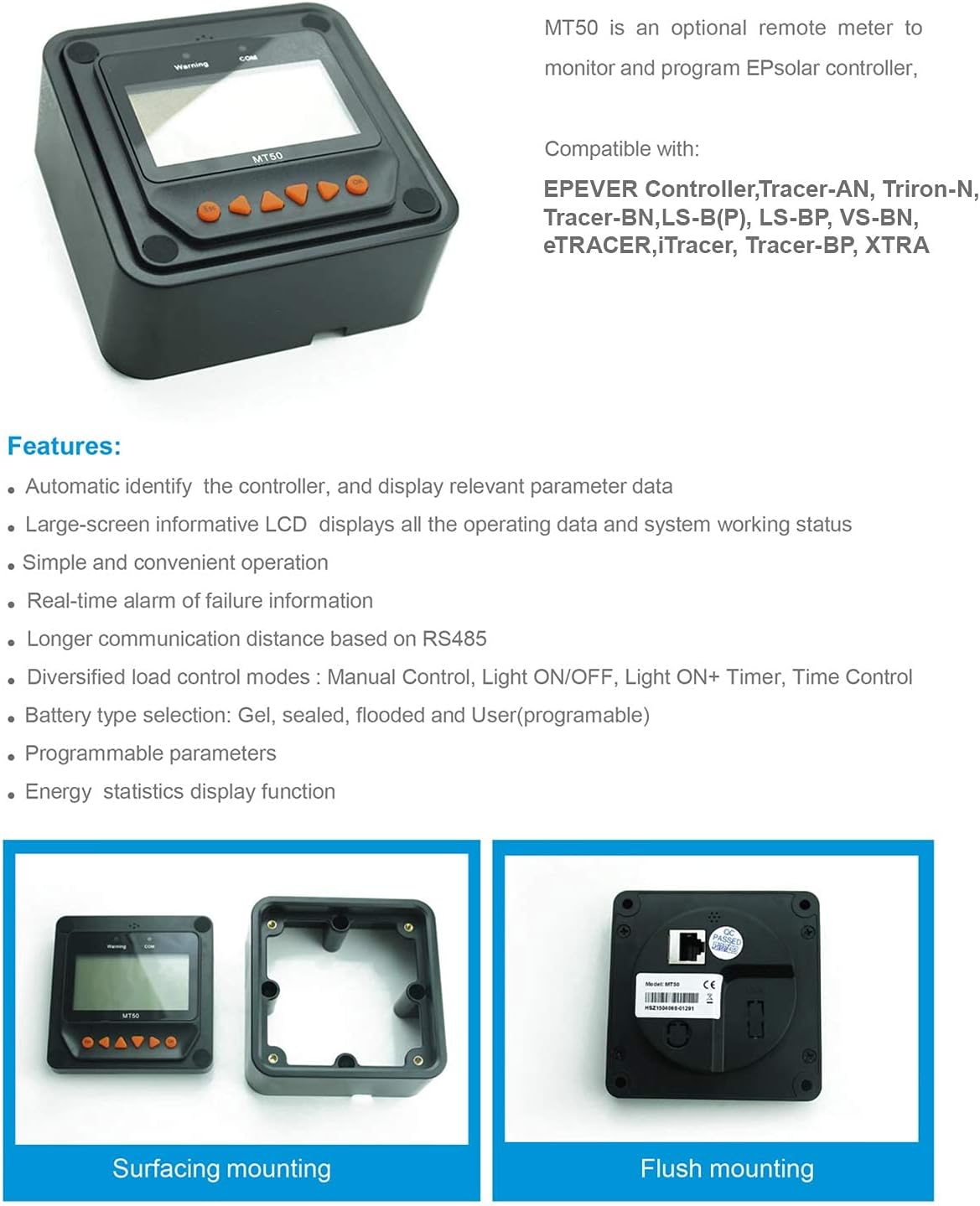 EPEVER MPPT Charge Controller 40A 12V/24V Upgrade Tracer4210AN + Remote Meter MT50 Monitor + RTS for Solar Panel Charge Controller Regulator with LCD Display (Tracer4210AN + MT50+RTS) : Patio, Lawn & Garden