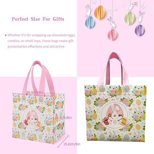 Miniatura 3 de Paquete de 12 bolsas de caza de huevos de Pascua de 8 x 8 x 6 pulgadas, 6 diseños únicos, diseño colorido de huevos de conejito de primavera, bolsas