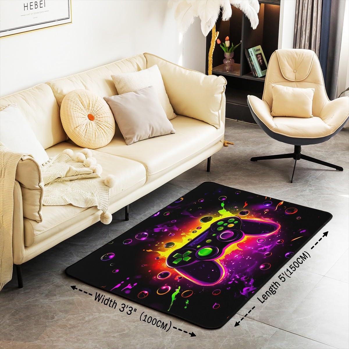 Loussiesd Dywan do salonu dla graczy, 150 x 200 cm, gamingowy dywan akcentujący dla chłopców, dziewcząt, nastolatków, nowoczesny kontroler konsoli do gier, mata podłogowa, joystick, czarno-fioletowa,