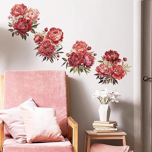 Calcomanías de pared de rosas de peonía roja, sacinora romántica acuarela, arte floral botánico, calcomanías de pared extraíbles de vinilo para