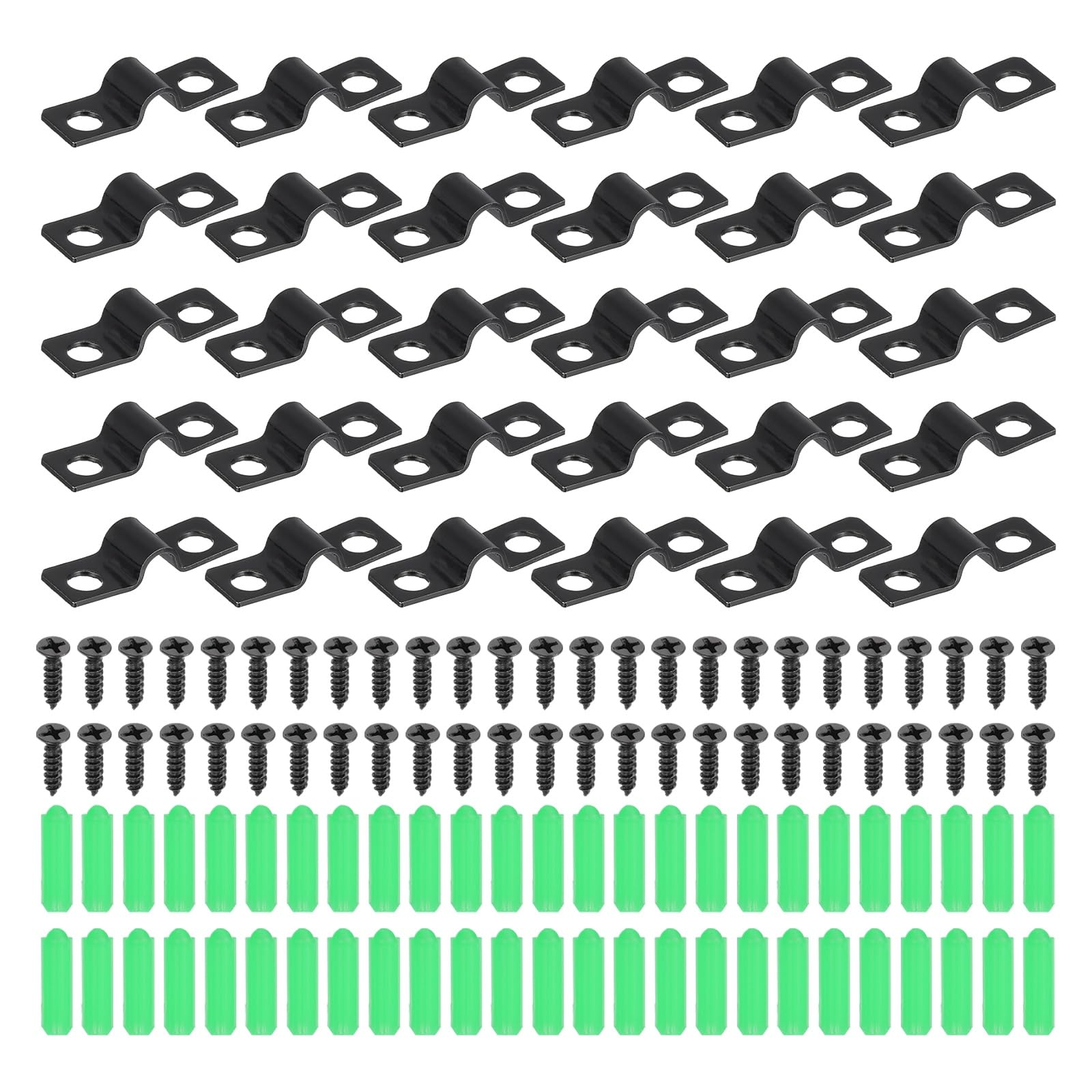 sourcing map 30Pcs 5mm(3/16") Two Hole Pipe Strap, Rigid U Brackets Conduit Clamp Heavy Duty Carbon Steel Pipe Strap Clip with Self-Tapping Screws and Expansion Tubes for Fixing Tube Wire Cord