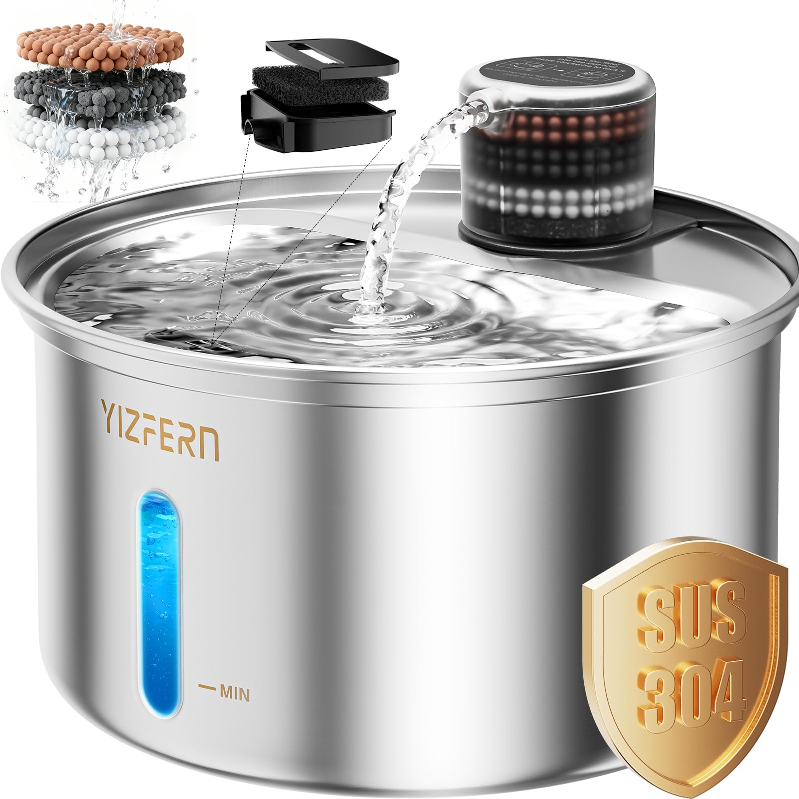 Cat Water Fountain Stainless Steel 108oz/3.2L Upgrade Dual-Filtration Pet Water Fountain for Cats Indoor, Ultra Quiet Dog Water Bowls Dispenser for Drinking, Automatic Cat Watering Supplies (White)