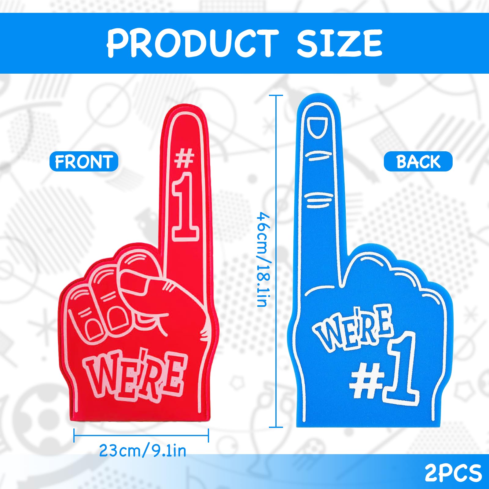 Bettinay 2 PCS Gladiators Foam Finger Blue and Red, Number 1 Giant Foam Hands for Party Props Sports Fan Accessories - Image 2