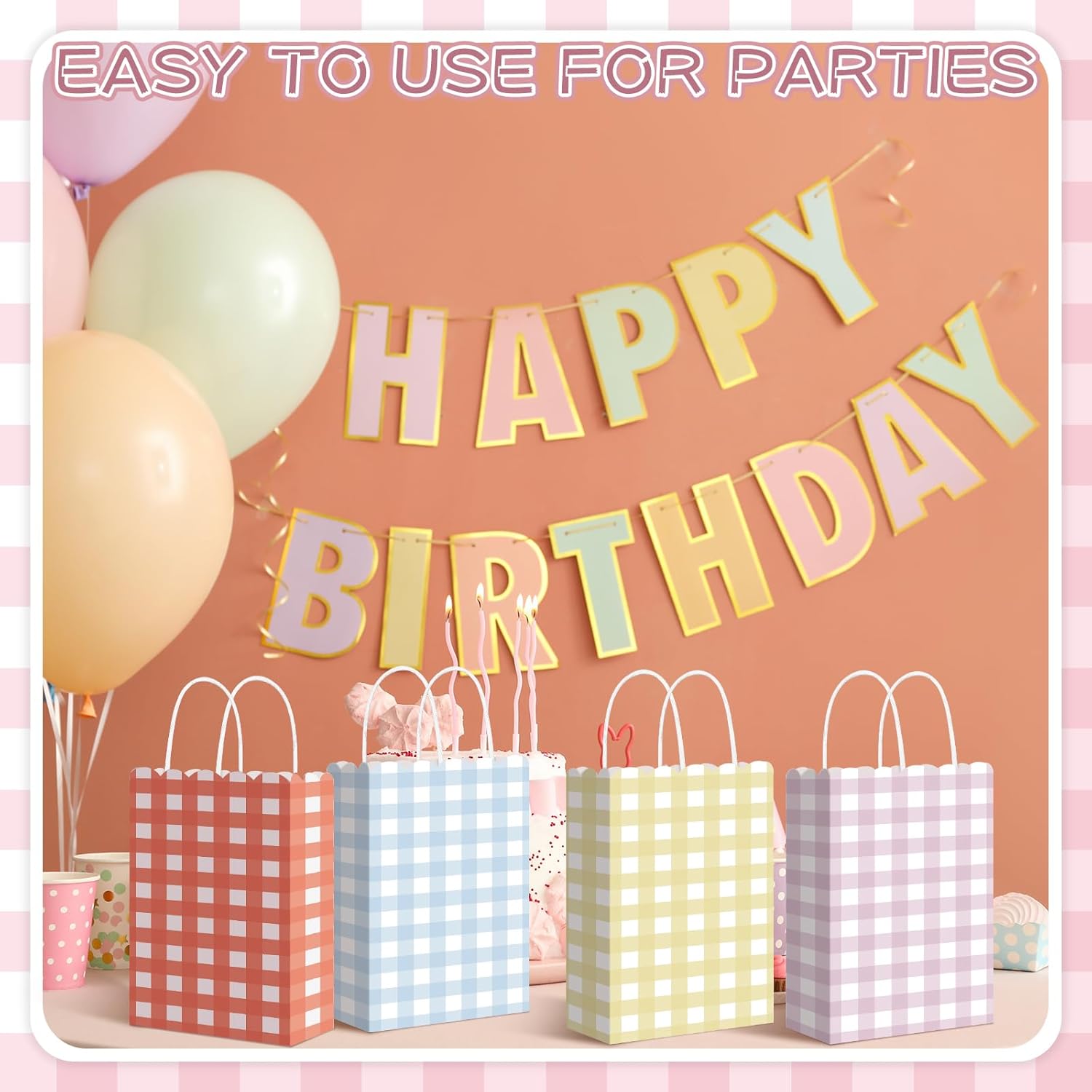 Kolldenn 24 Pcs Gingham Party Supplies Pastel Gift Bags 8.27 x 6.3 x 3.15 Inch Kraft Paper Checkered Plaid Candy Goodie Party Favors Bags for Easter Picnic BBQ Birthday Baby Shower Wedding - Image 4