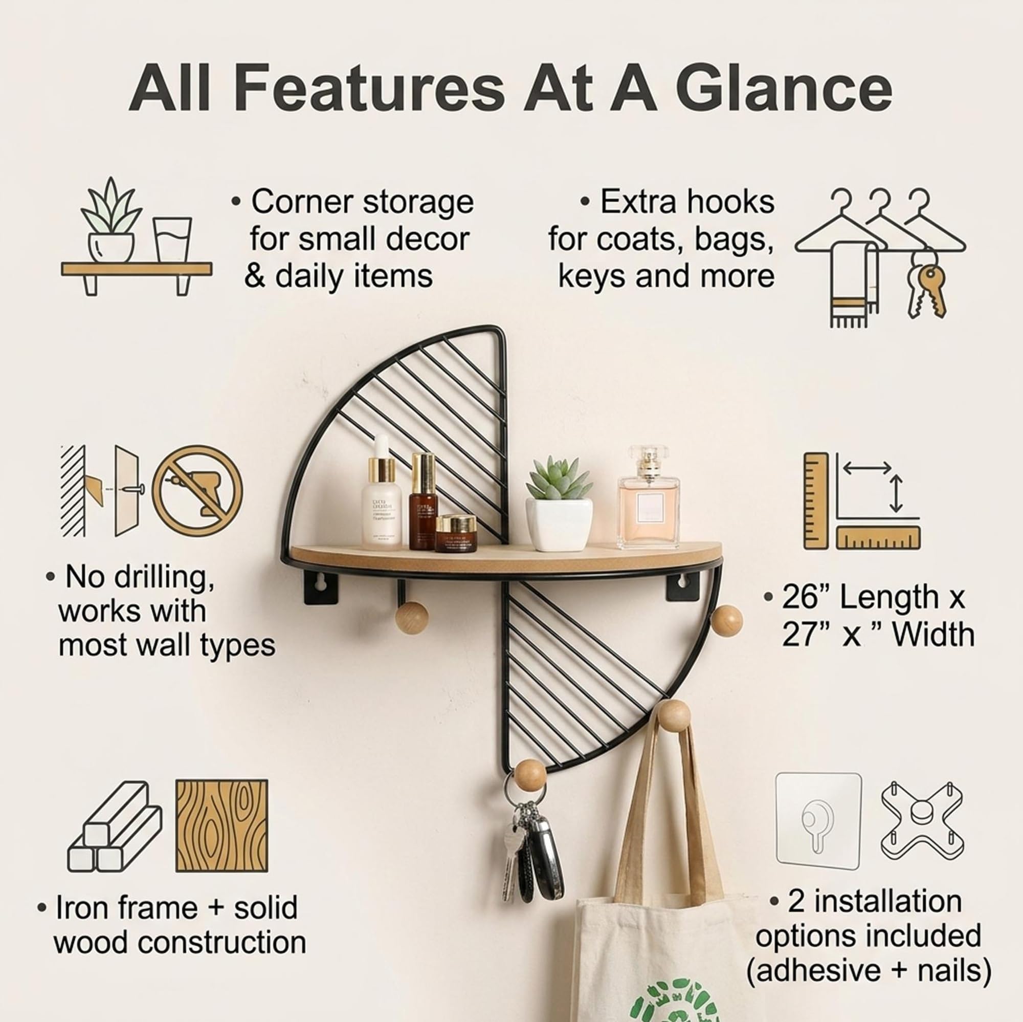 Estante de pared con ganchos, organizador flotante de madera para entrada, estante de almacenamiento de estilo nórdico para llaves, bolsos, abrigos, accesorios de baño y decoración del hogar