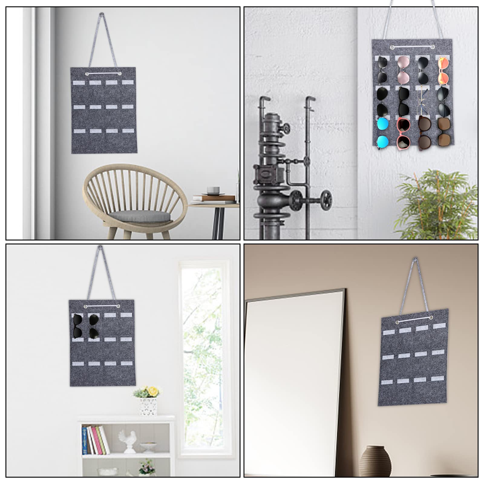 AROUY Organiseur De Lunettes De Soleil – Poche Murale à Suspendre Avec 16 Emplacements En Feutre, Crochet En Métal Et Corde Robuste (marron, Résistant à La Poussière