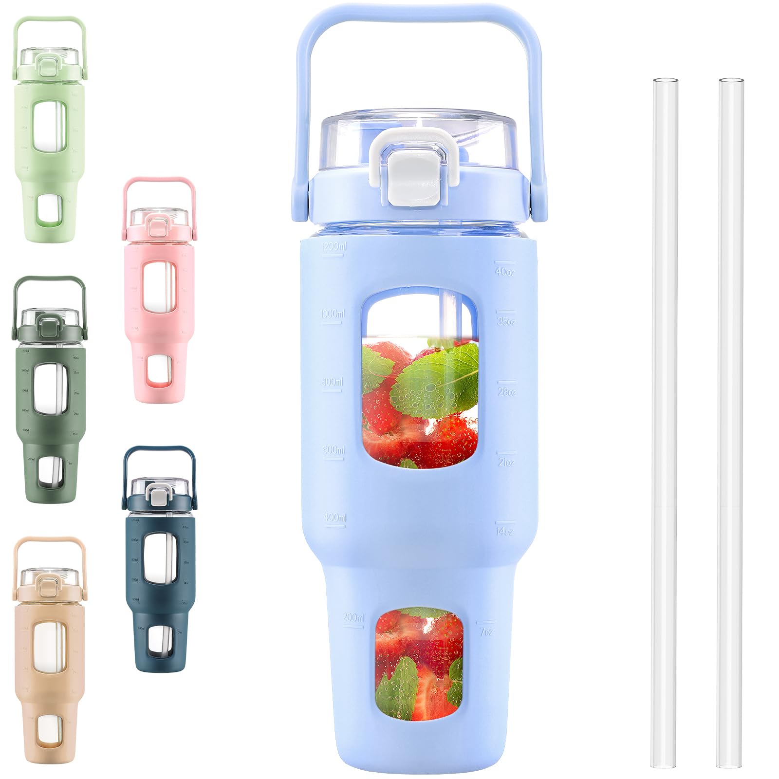 BLUEGO 40oz Glass Water Bottles with Straw Time Marker Half Gallon Large Motivational Water Bottle with Silicone Sleeve 2 Liter Large Glass Water Jug for Gym, Sports& Workout, Daily, Light Blue