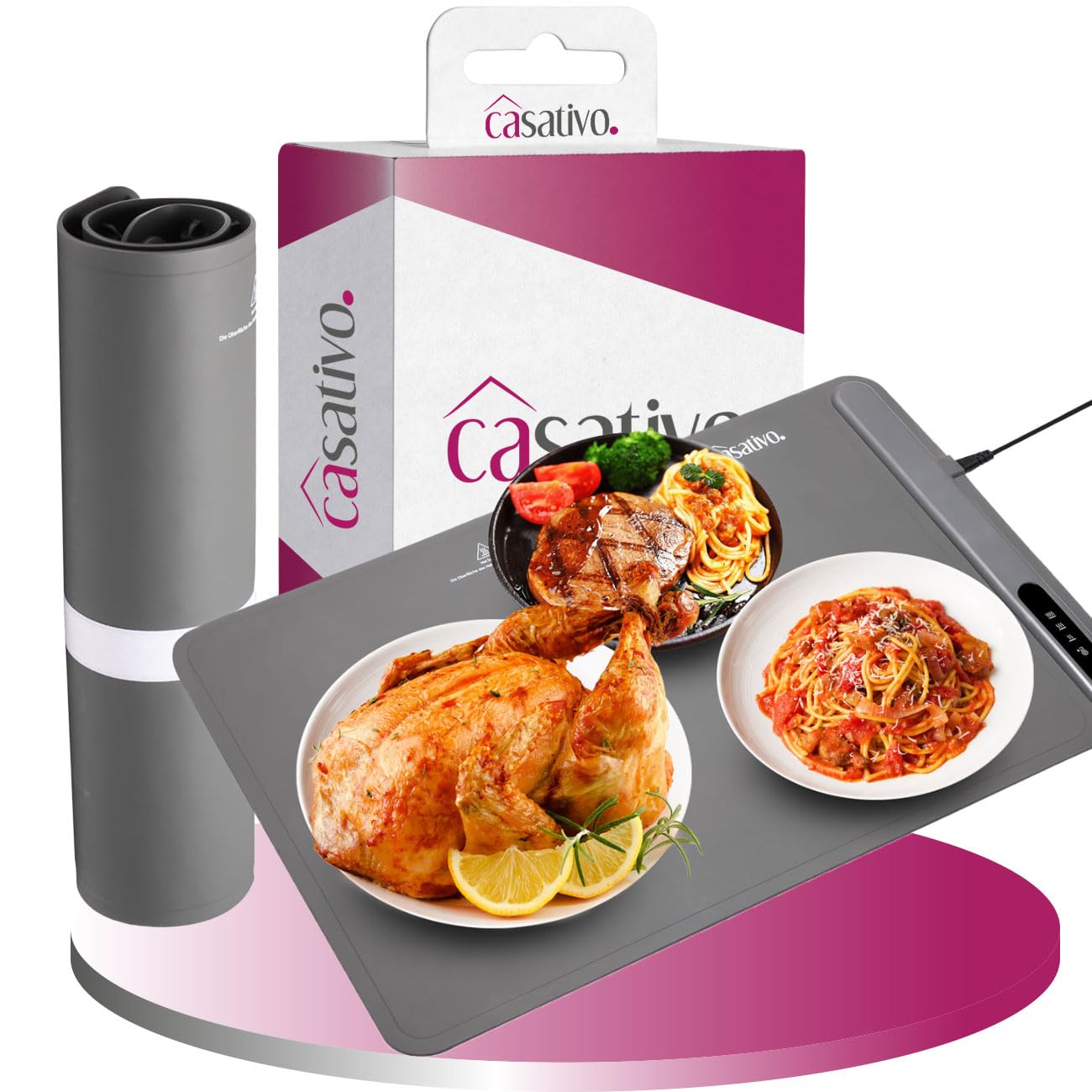 2er-Set Professionelle Silikon-Warmhalteplatte (250W): Elektrische Heizmatte (61x40cm) rollbar, 55-100°C einstellbar, Flexibles Warmhalten von Speisen