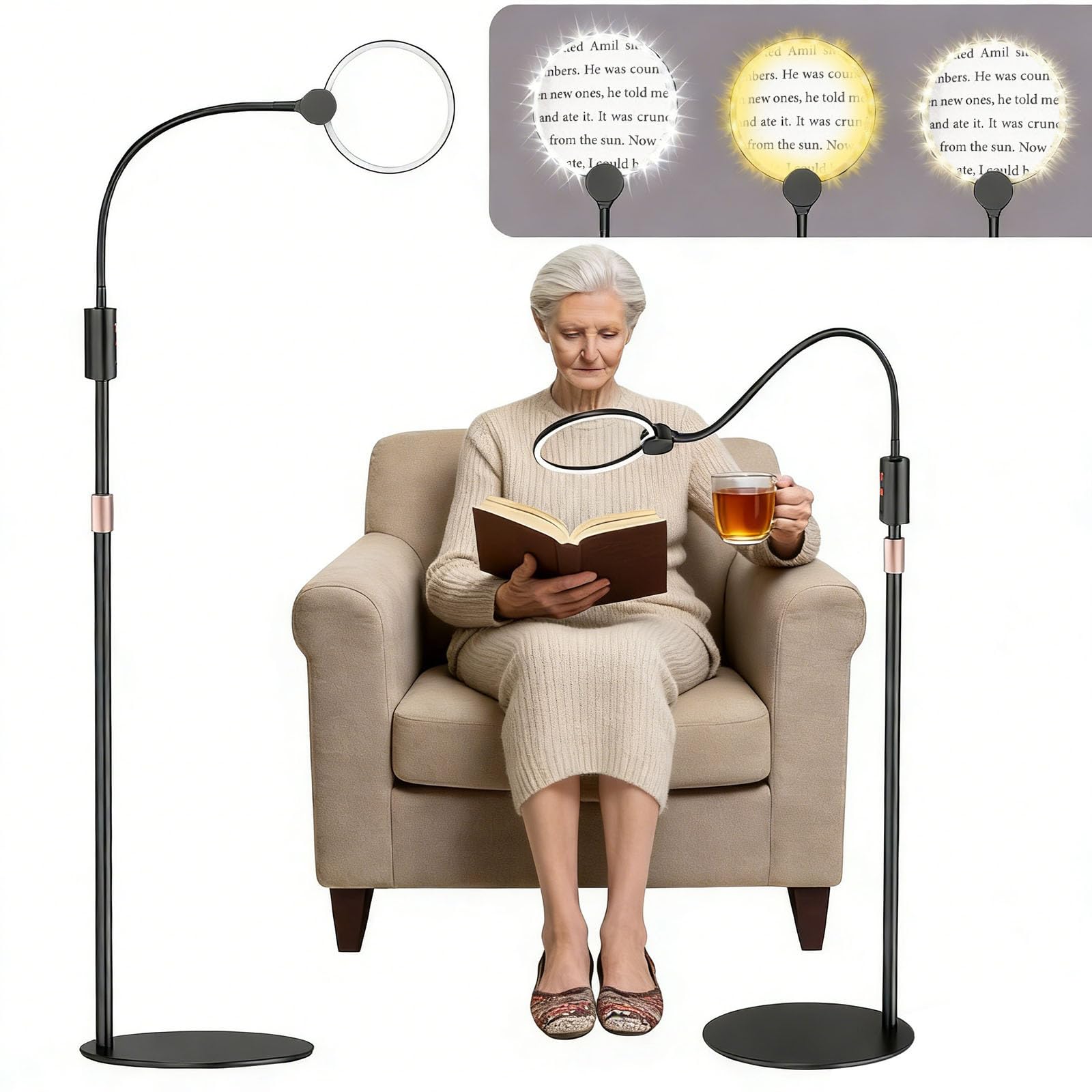 Lupa de suelo de 10 aumentos con luz y soporte, lámpara de lupa de suelo flexible de cuello de cisne de 360°, 3 modos de luz, altura ajustable, lupa manos libres para leer, trabajos cercanos