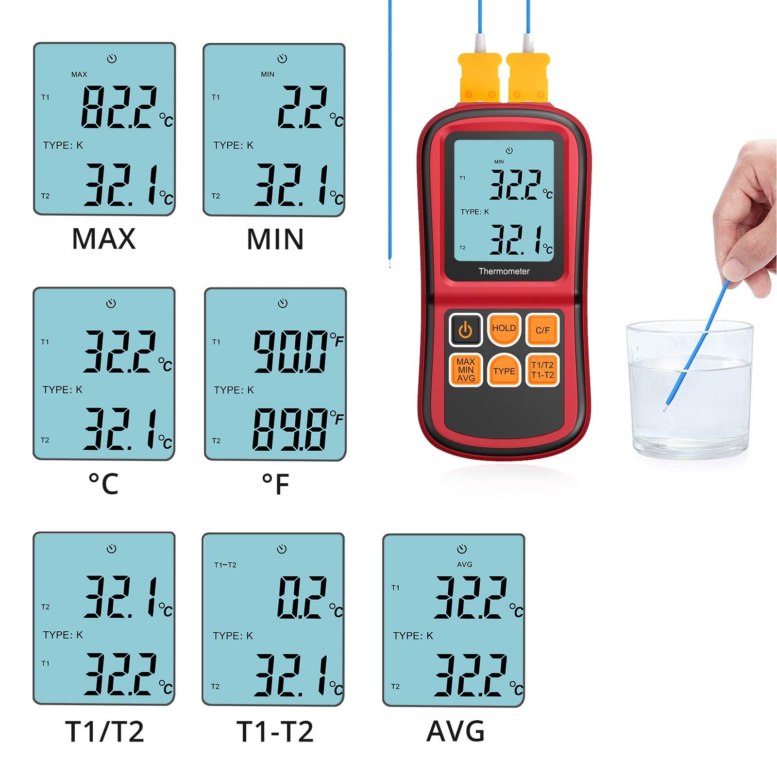 Kamtop Termometro digitale a doppio canale, alta precisione, display LCD, termocoppie tipo K/J/T/E/R/S/N, 2 sonde, funzionamento a batteria