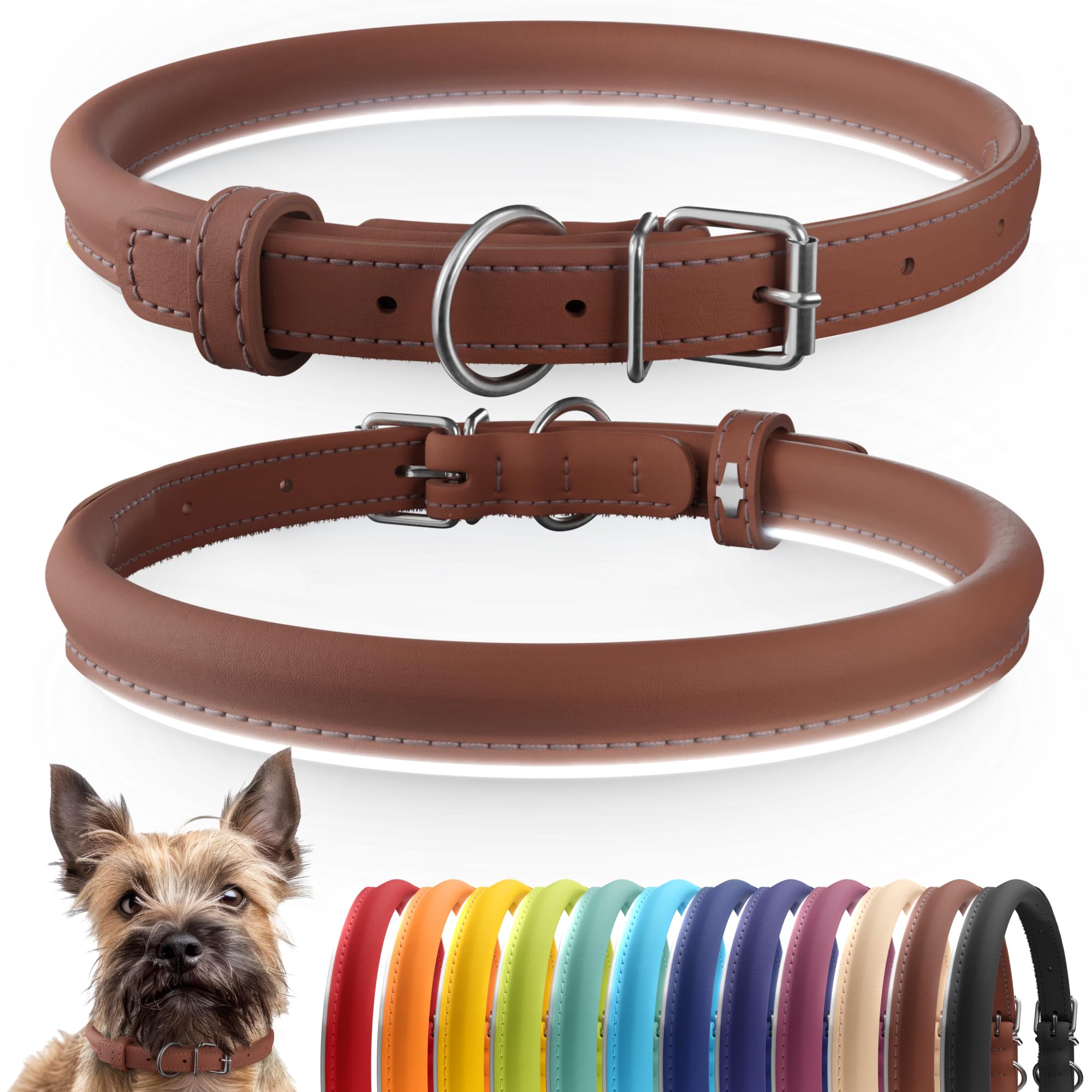 CollarDirect Rolled Leather Dog Collar, Soft Padded Round Puppy Collar, Handmade Genuine Leather Collar Dog Small Large Cat Collars 13 Colors (8-11