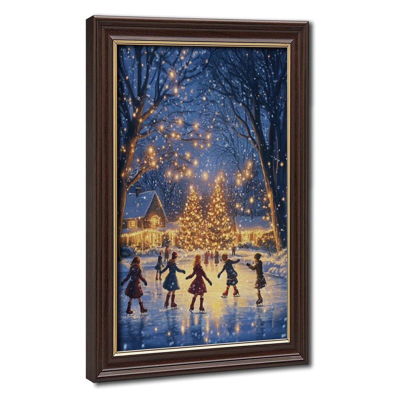 XVSGNAW Children Ice Skating Art,Frozen Pond And Falling Snow Canvas Poster Bedroom Decor Landscape Office Room Decor Gift 16" L X 24" W