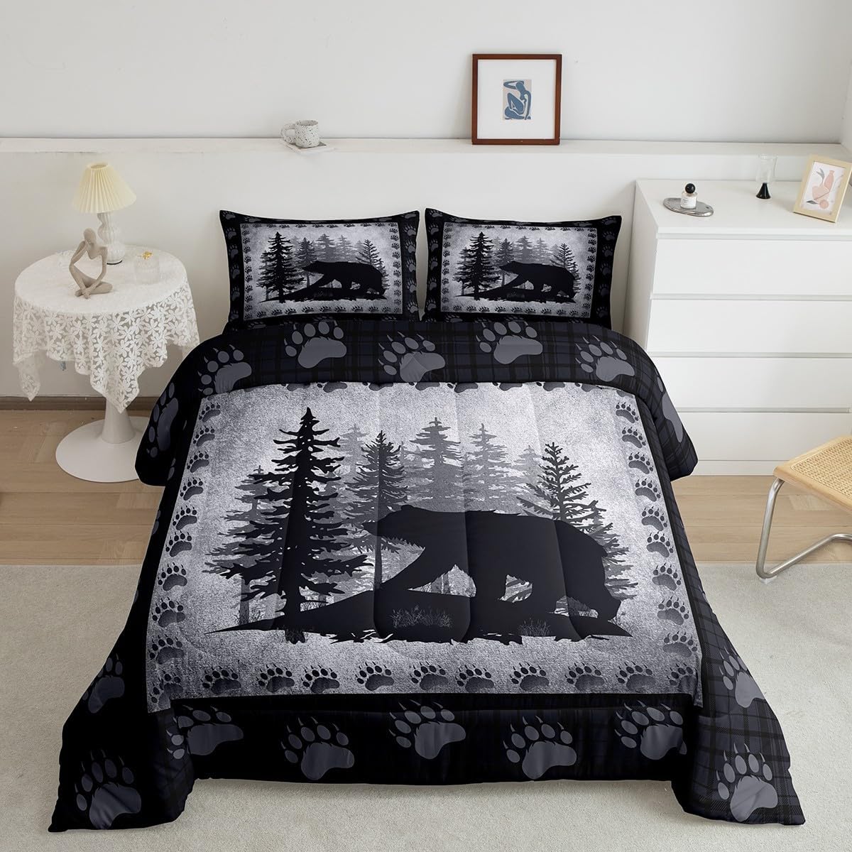 Castle Fairy Bear Print Full Size Kids Comforter Set,Wild Animal Bedding Comforters Pine Trees Retro Bedroom Collection,Rustic Farmhouse Grid Plaid Hunting Cabin Decor Bedding Set for Man Adult, Grey