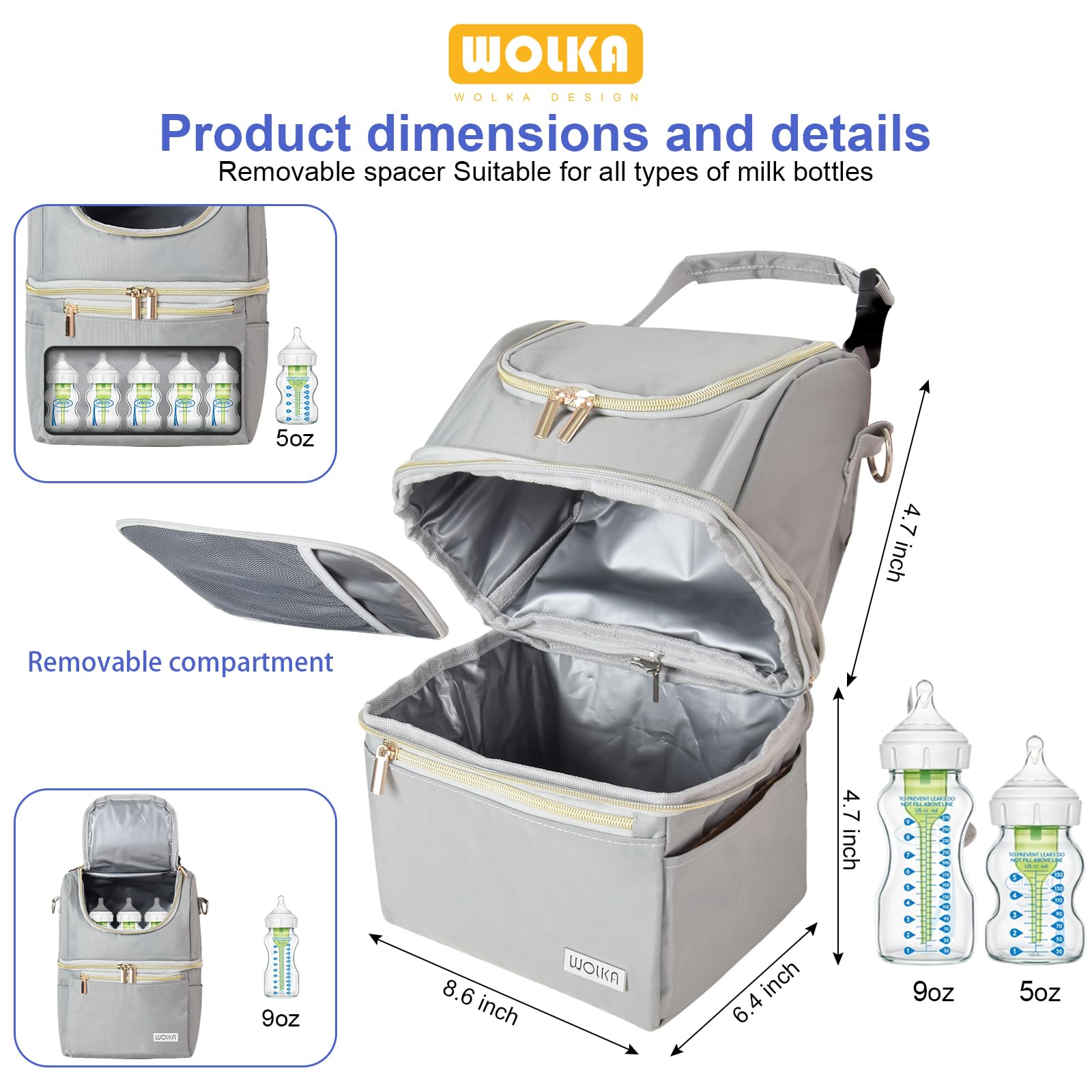 Bolsa enfriadora de leche materna, bolsa térmica para madres lactantes, multifunción, bolsa térmica térmica para biberones con compartimentos dobles, se adapta a 6 biberones de hasta 9 onzas