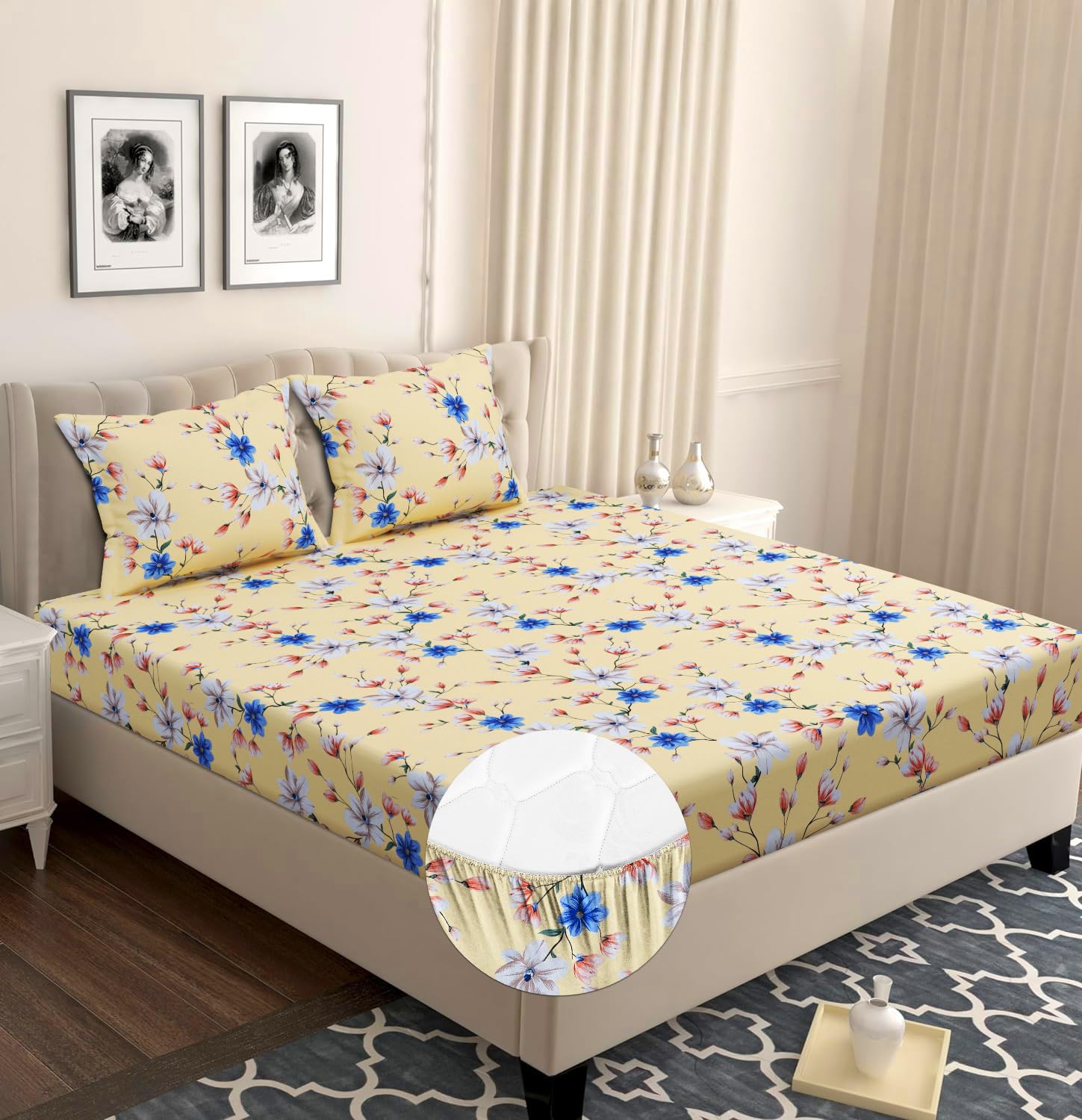 VAS COLLECTIONS Microfiber Fitted Bedsheet 78 x 72 Inch with 2 Pillow Covers 180 TC Printed Wrinkle Free All Over Elastic Fitted Sheet - (Fit Upto Mattress - 10 Inch, Tealish Blue and Orange Red)-picture-28